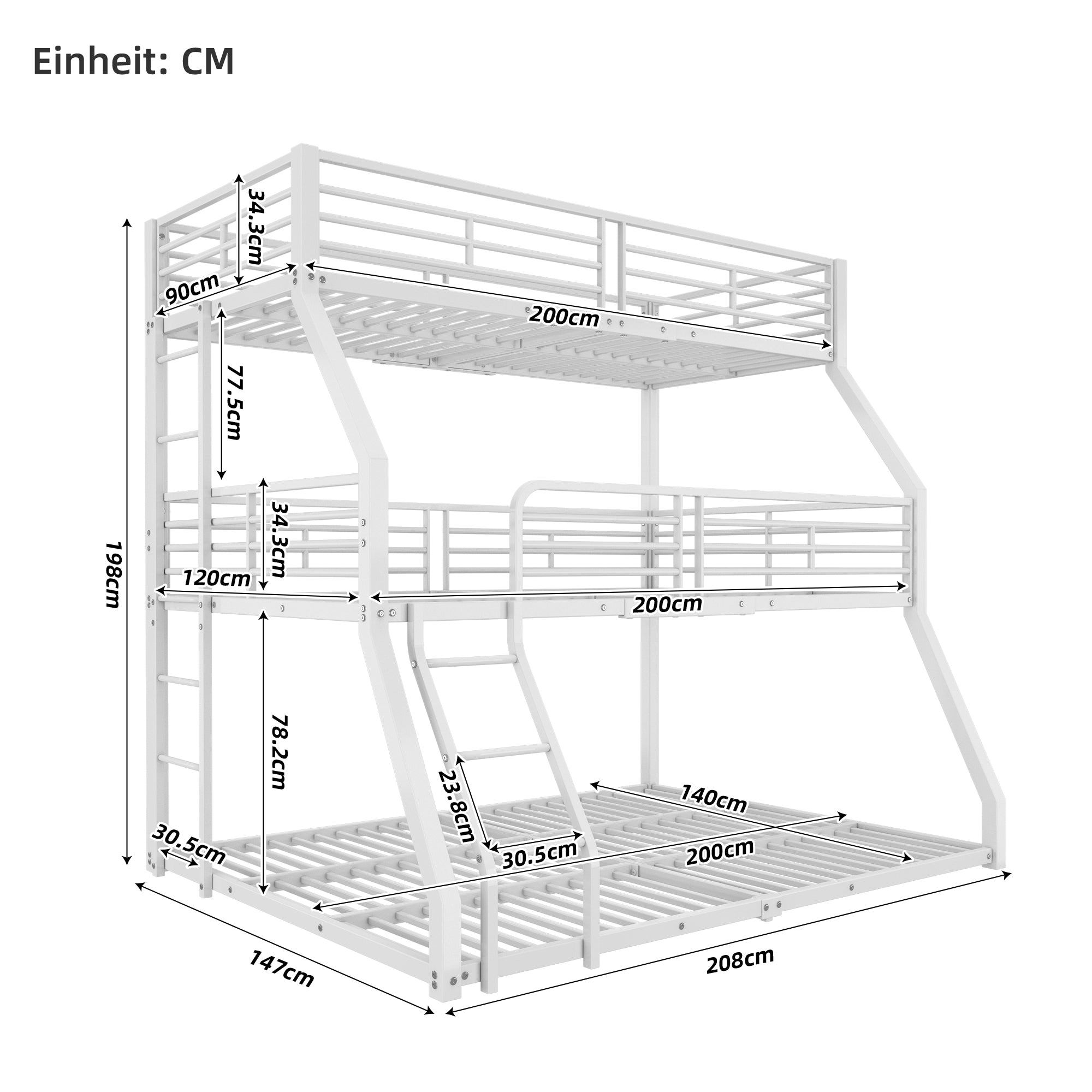 Logidon stapelbed 90x200 cm driedubbel metalen bedframe wit
