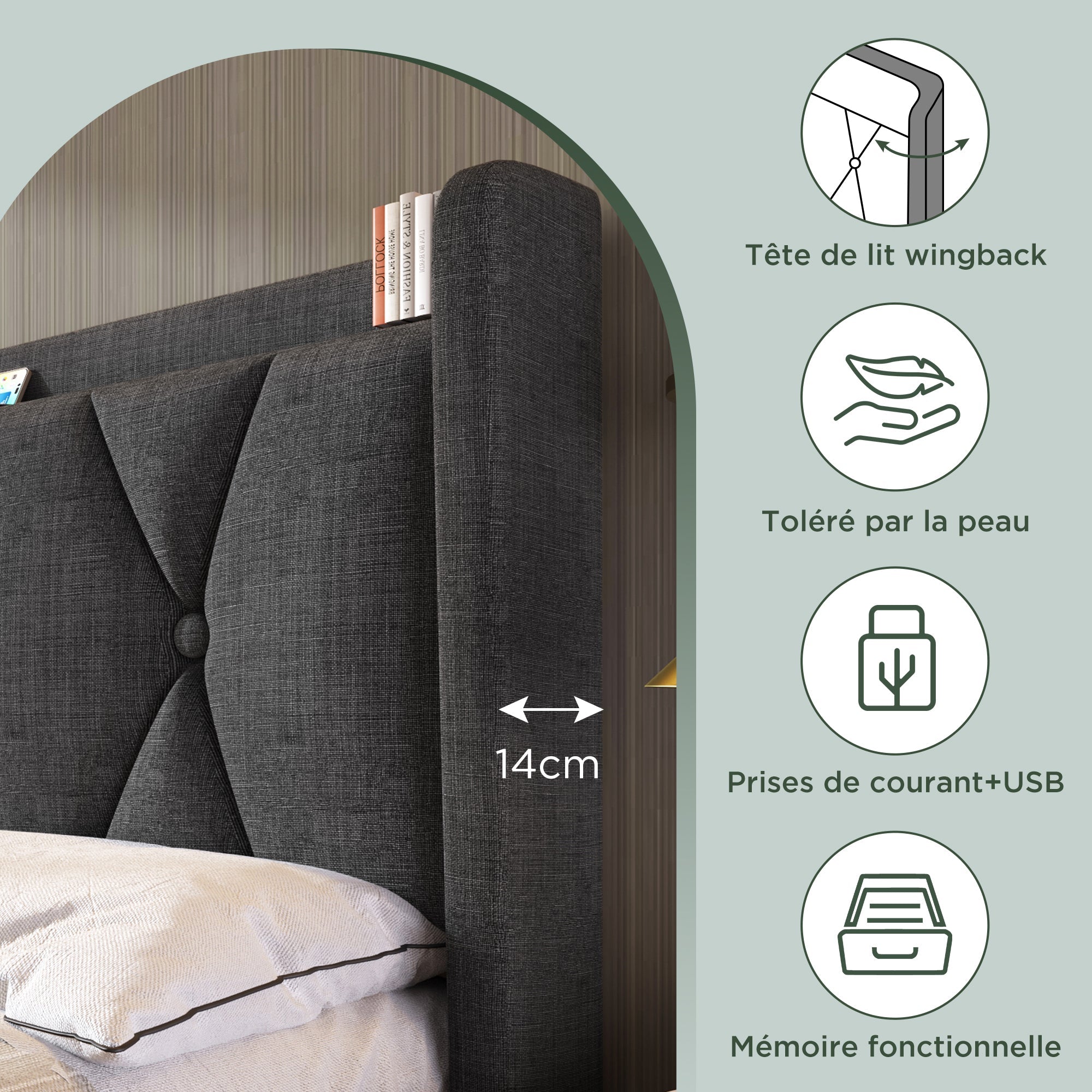 Logidon upholstered bed 140x200cm gray with USB charging function 4 drawers