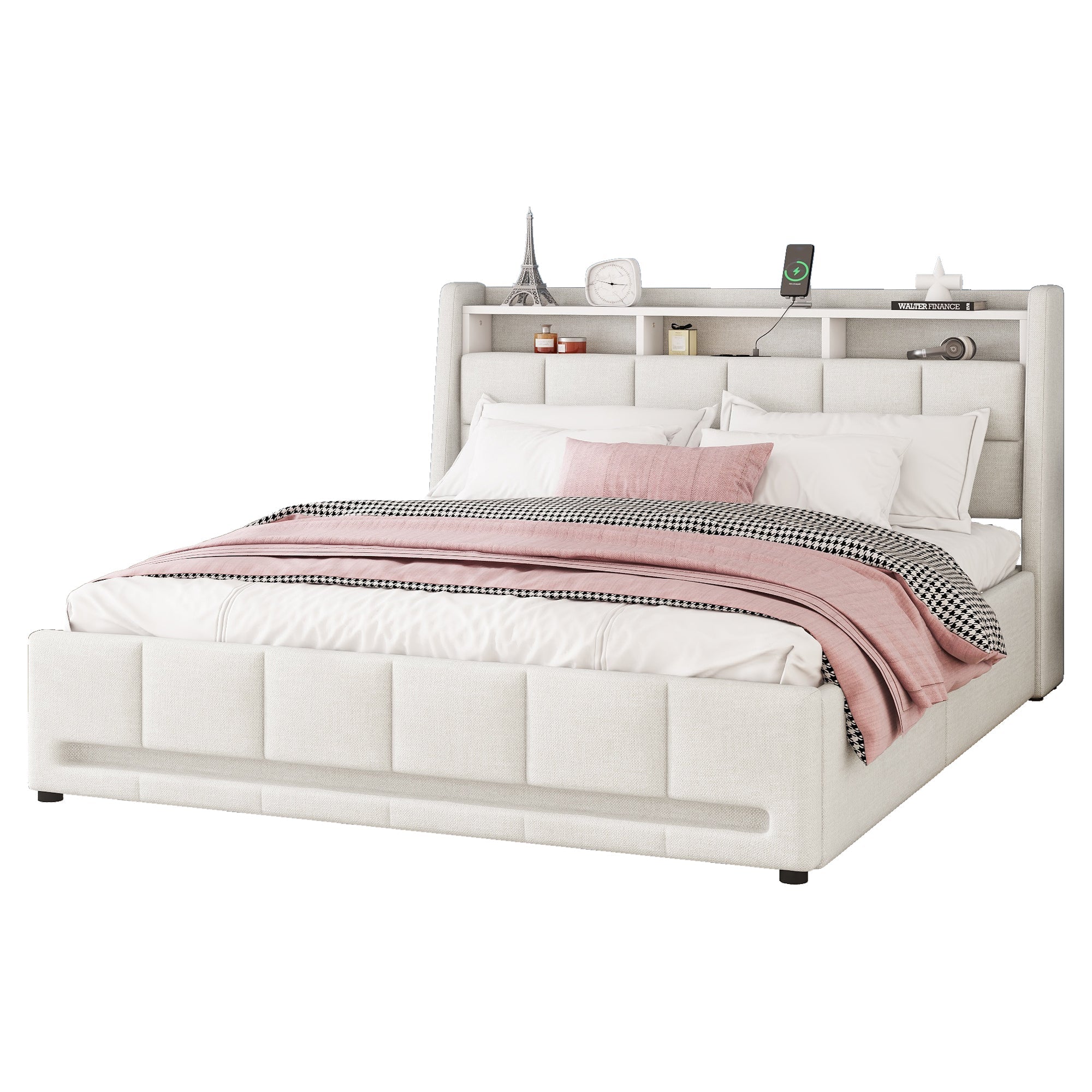 Logidon gestoffeerd bed 140x200 beige met LED-licht en app afstandsbediening