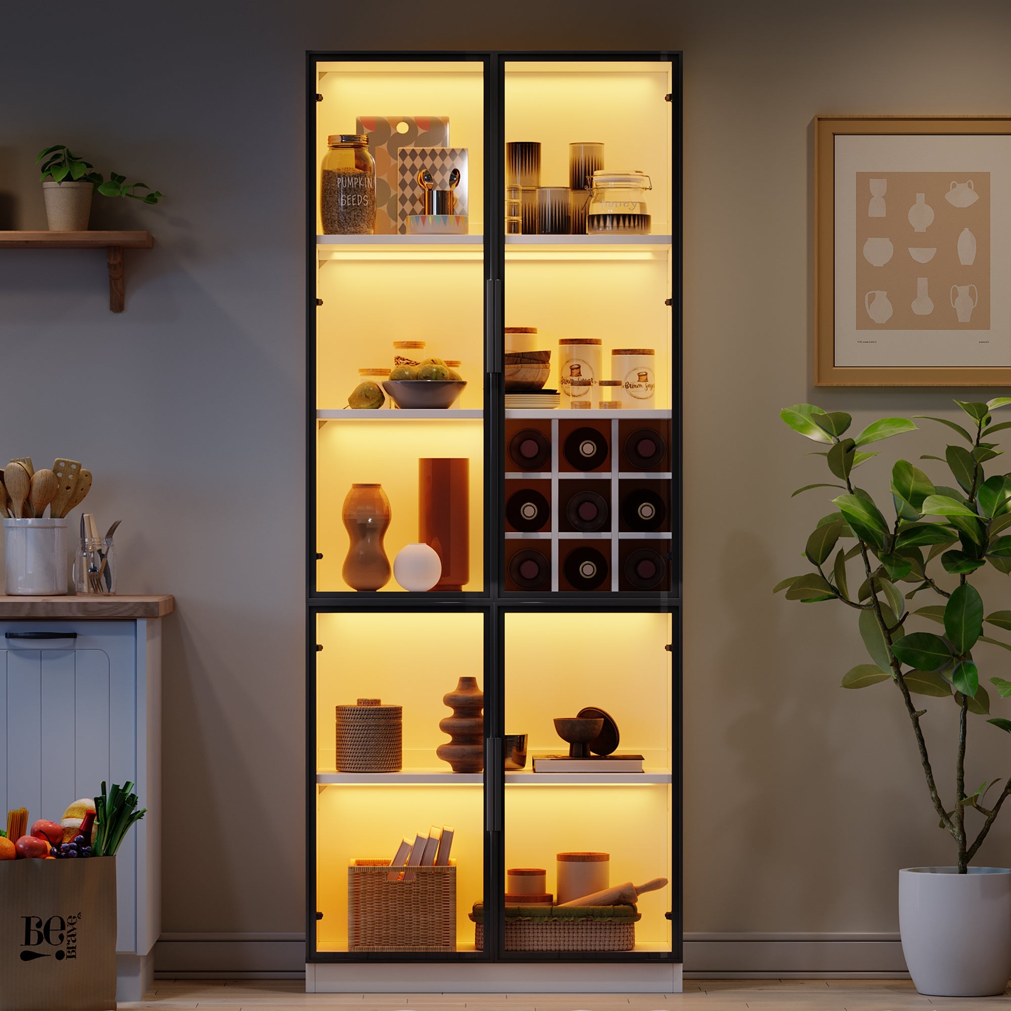 Logidon showcase 80x35x200 white glass doors LED lighting wine rack