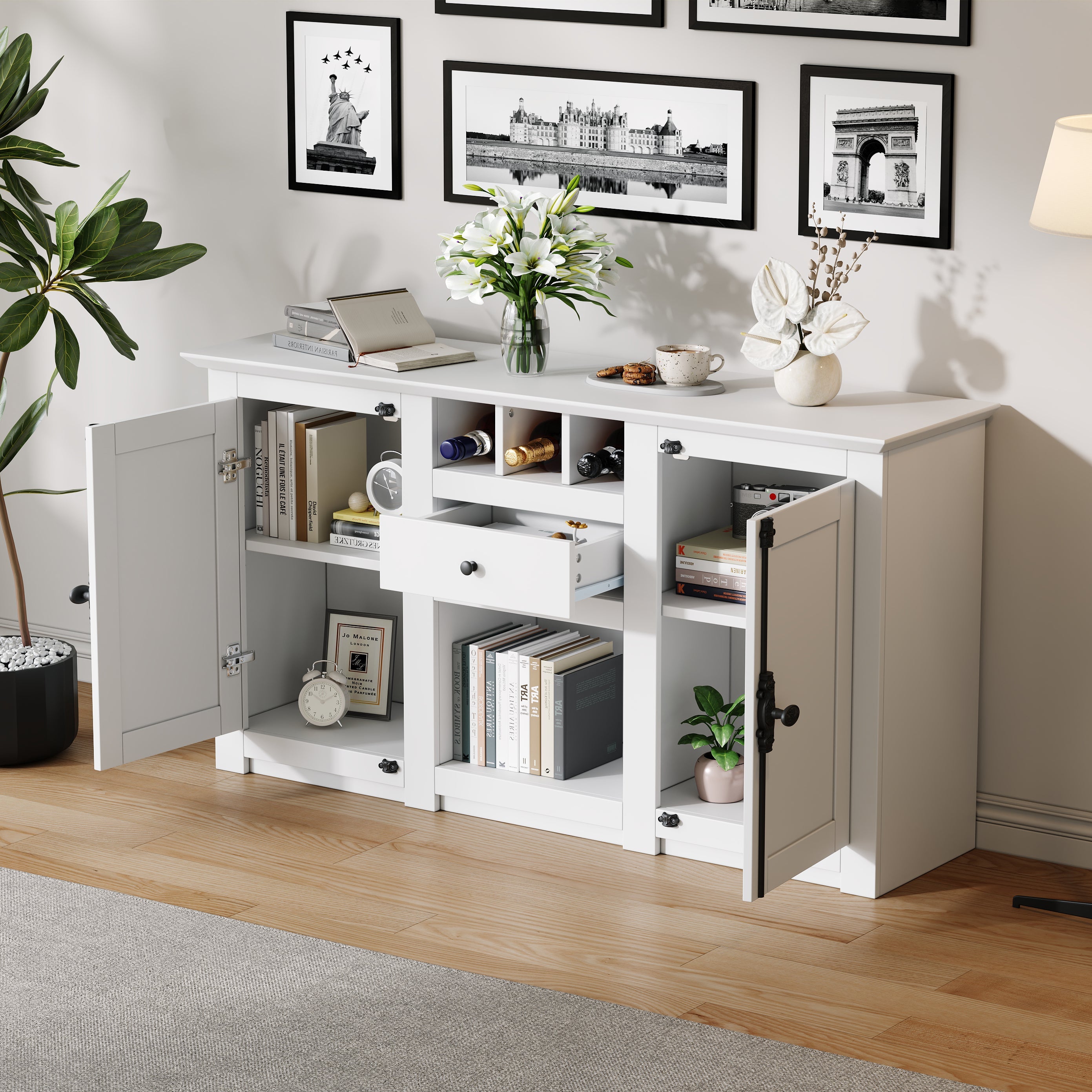 Logidon dressoir 130x35x70 cm wit 2 deuren, 1 lade, 3 wijnvakken