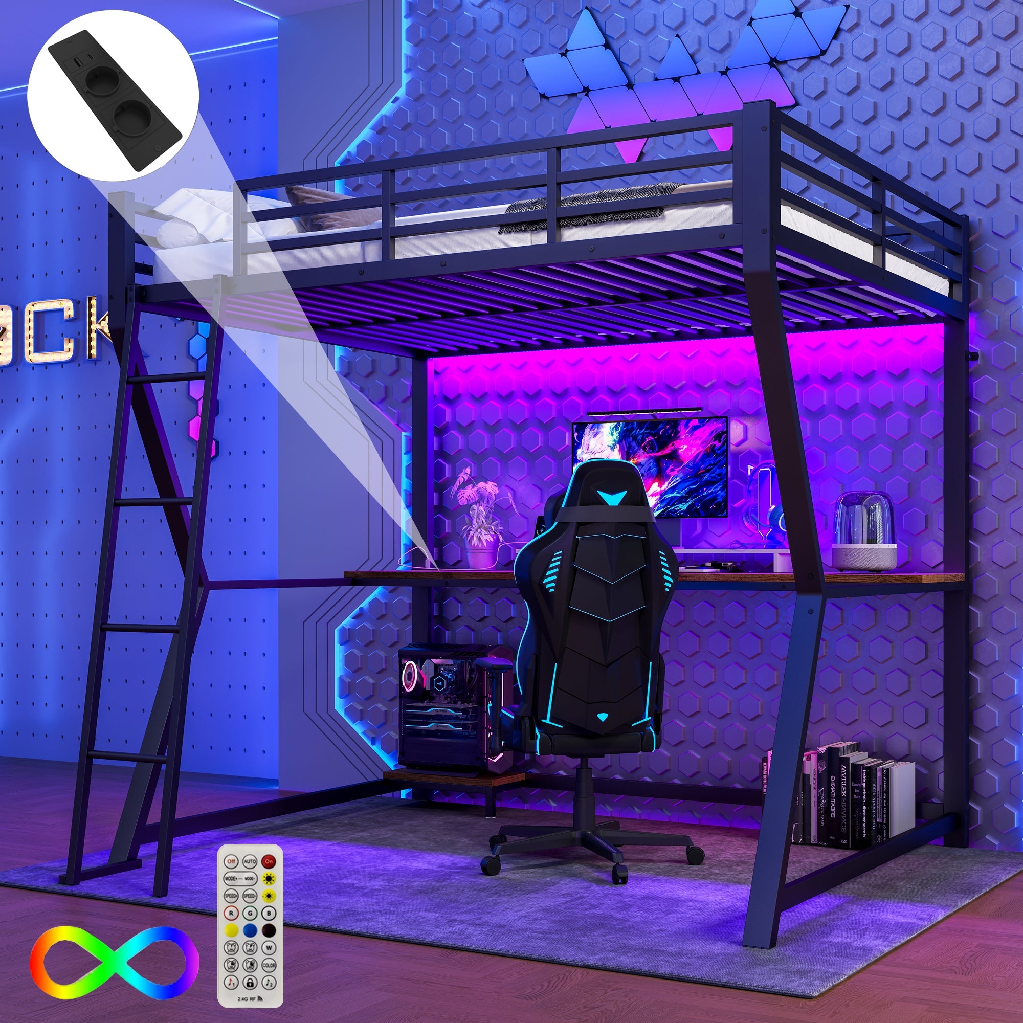 Logidon loft bed 140x200 cm with LED lighting and desk