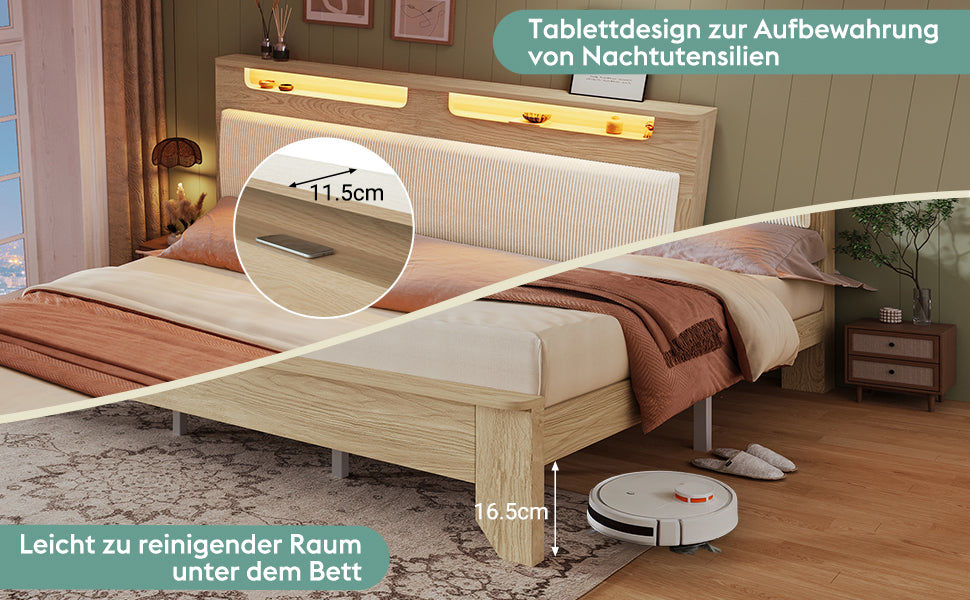 Logidon double bed 140x200 cm beige LED lighting headboard storage space