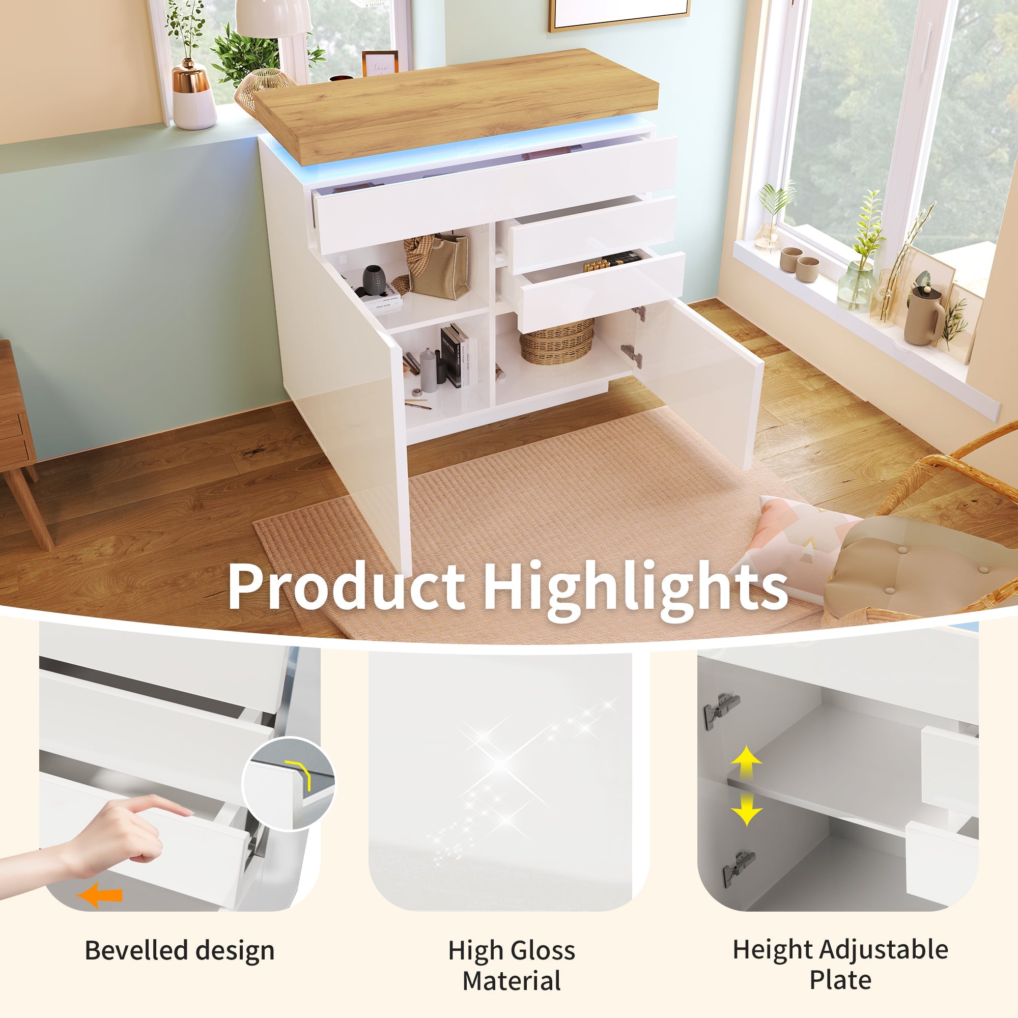 Logidon high gloss chest of drawers white LED lighting app control 2 doors