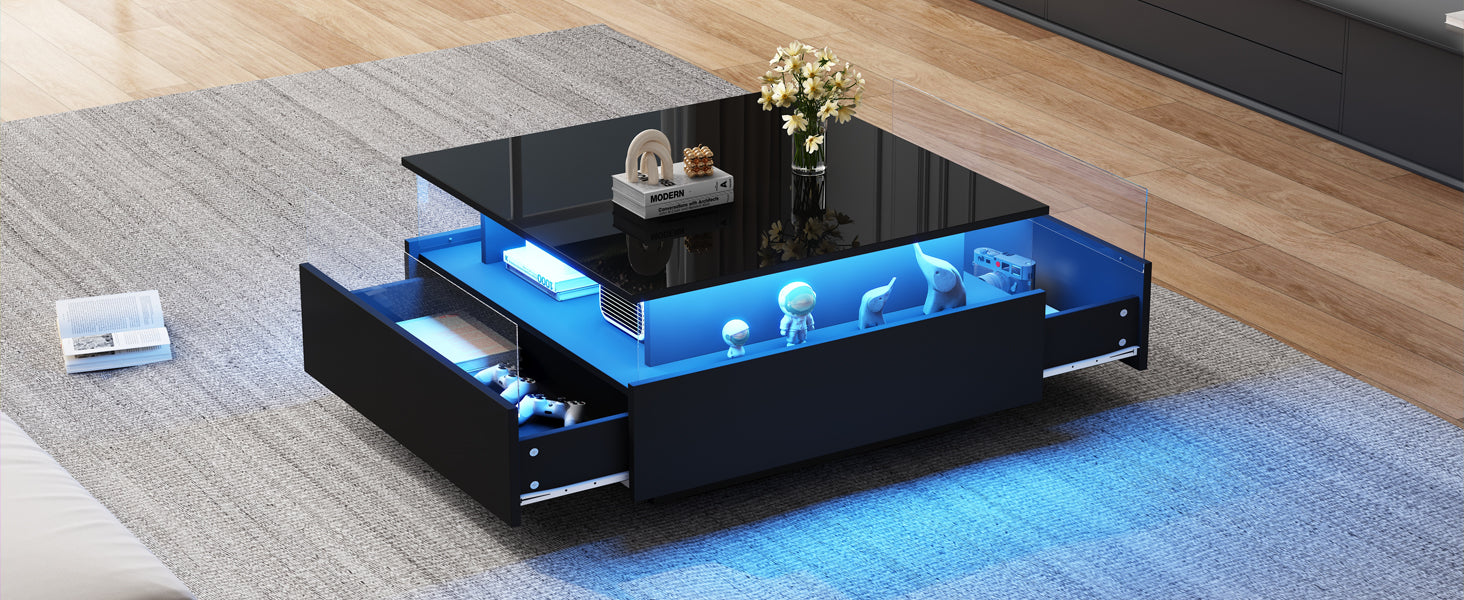 Logidon hoogglans LED salontafel 90x55x45 cm zwart 2 lades