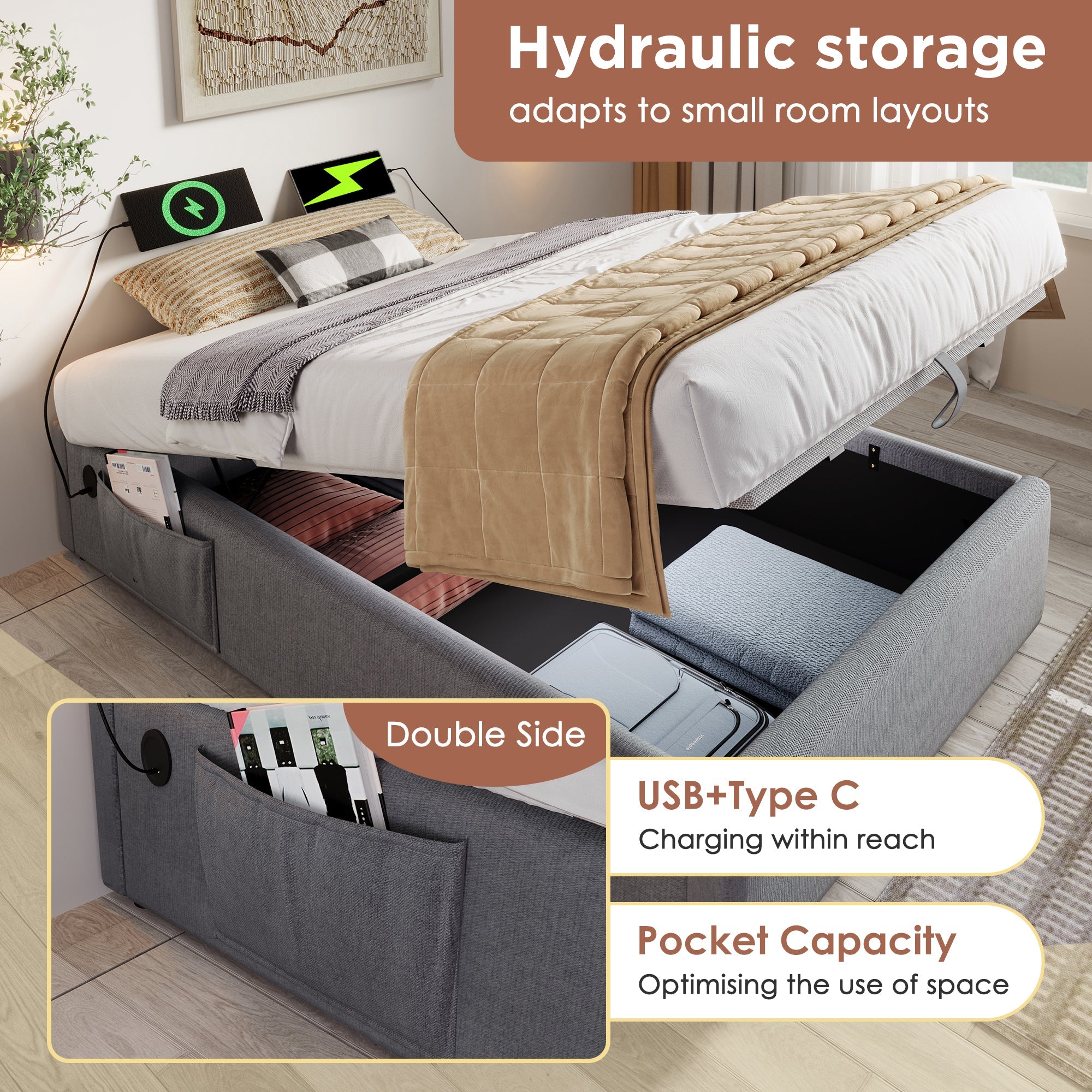 Logidon gestoffeerd bed 90x200 cm grijs met USB-C oplaadfunctie zonder hoofdeinde