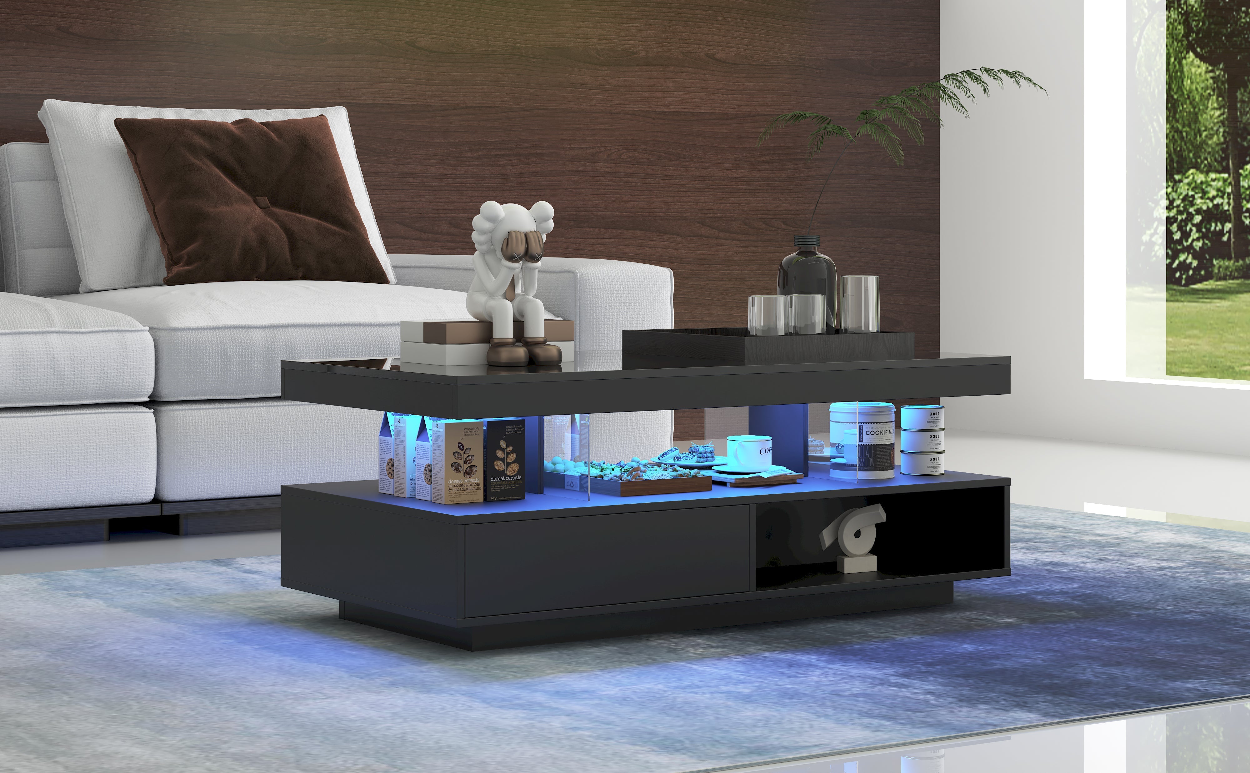 Logidon hoogglans salontafel zwart 95x50x42,5 cm glazen bladen