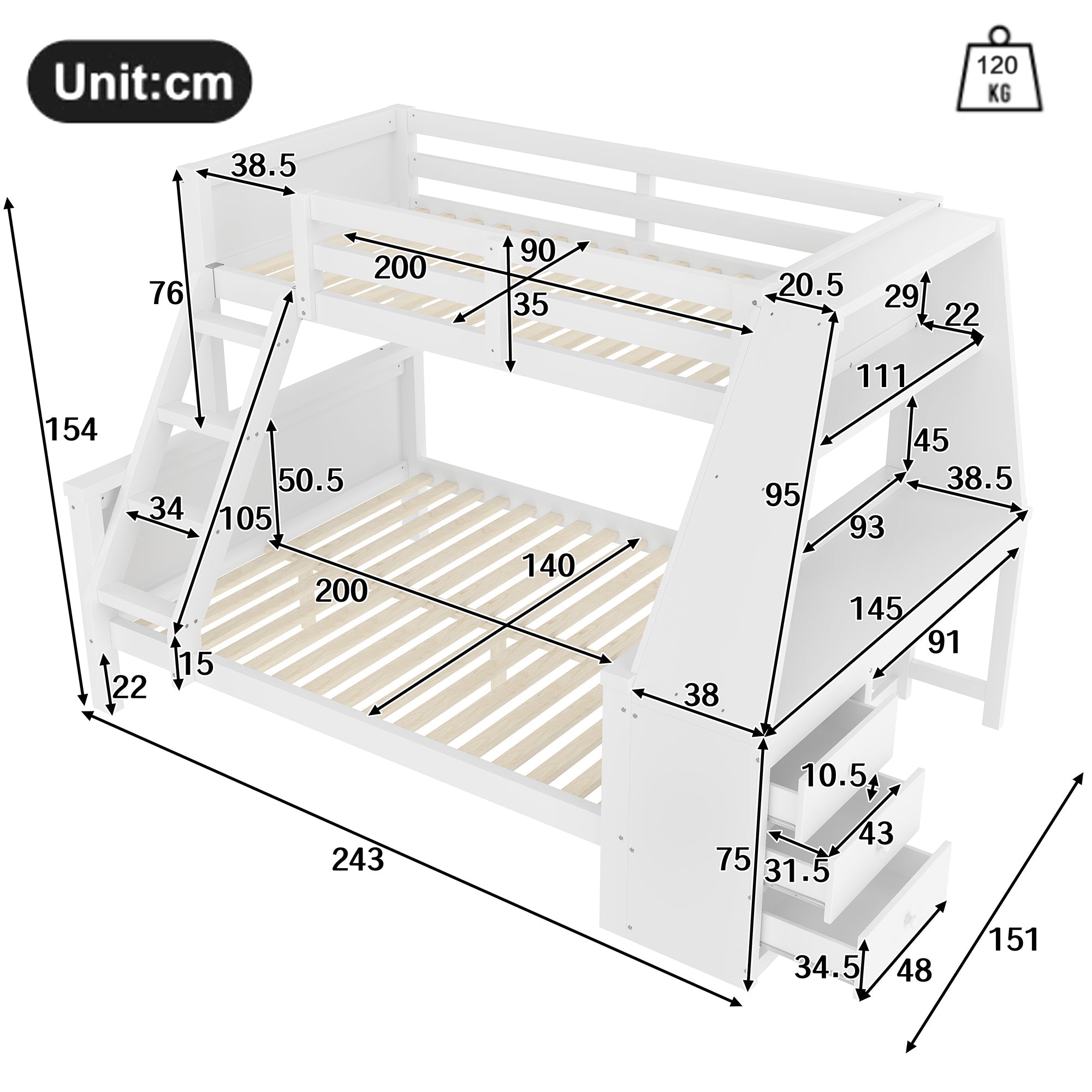 Logidon stapelbed 90x200 en 140x200 met tafel en opbergruimte wit