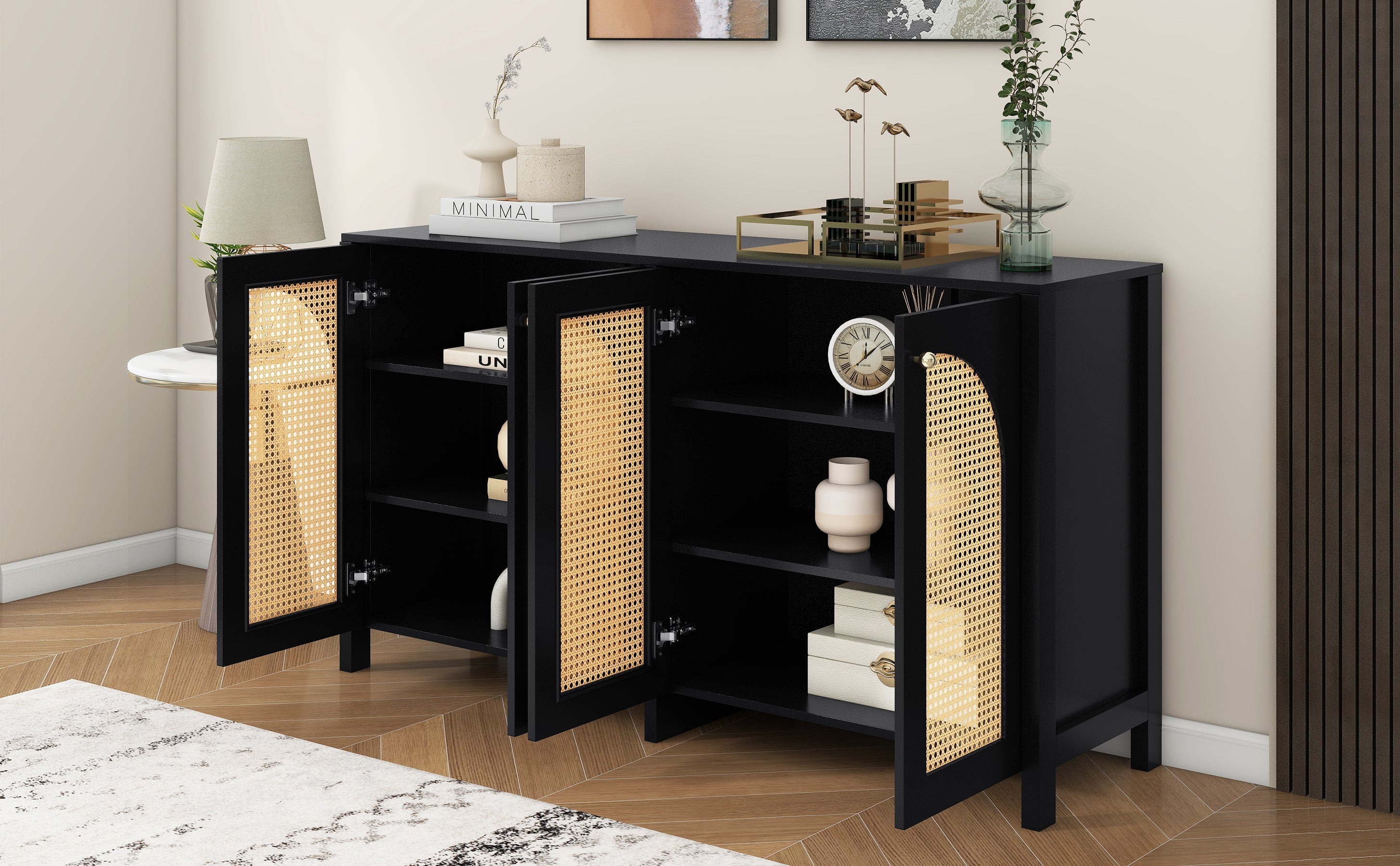 Logidon Dressoir Zwart Met Rotan Deuren Modern Buffet 145x40x80
