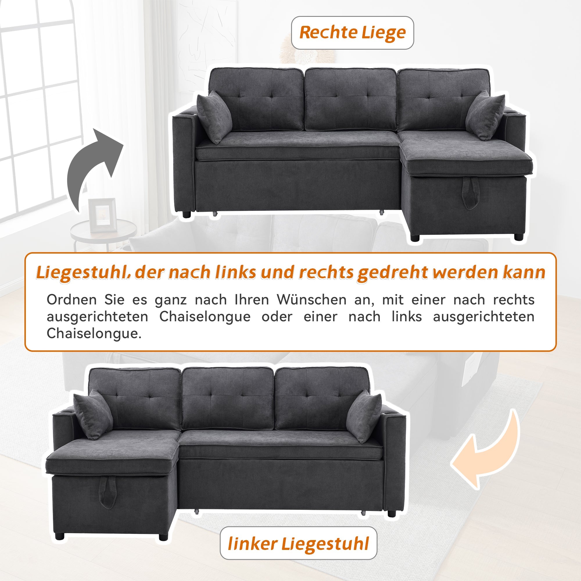 Logidon sofa bed gray L-shape with storage space and cup holder