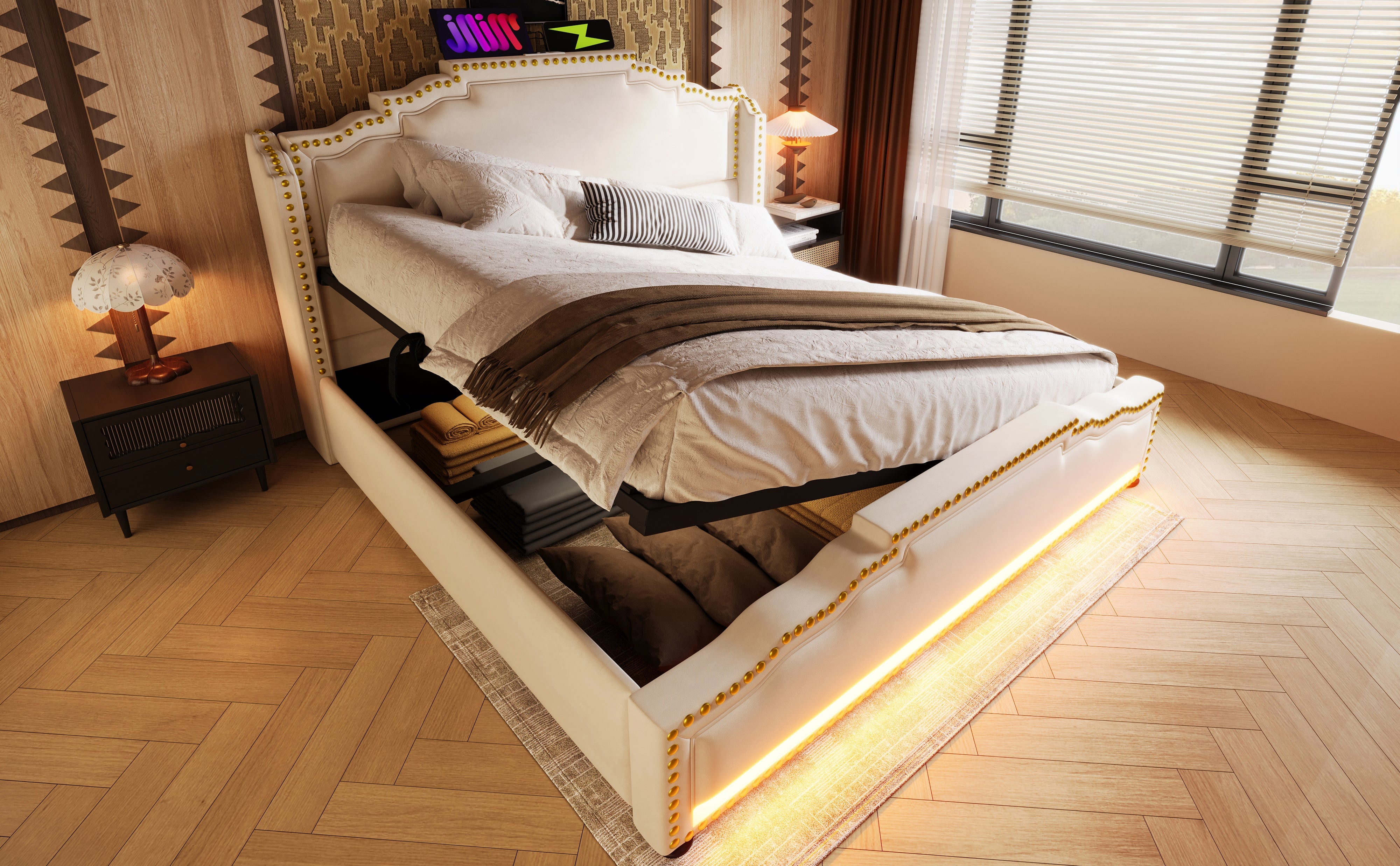 Logidon gestoffeerd bed 160x200 beige fluweel met opbergruimte LED USB C