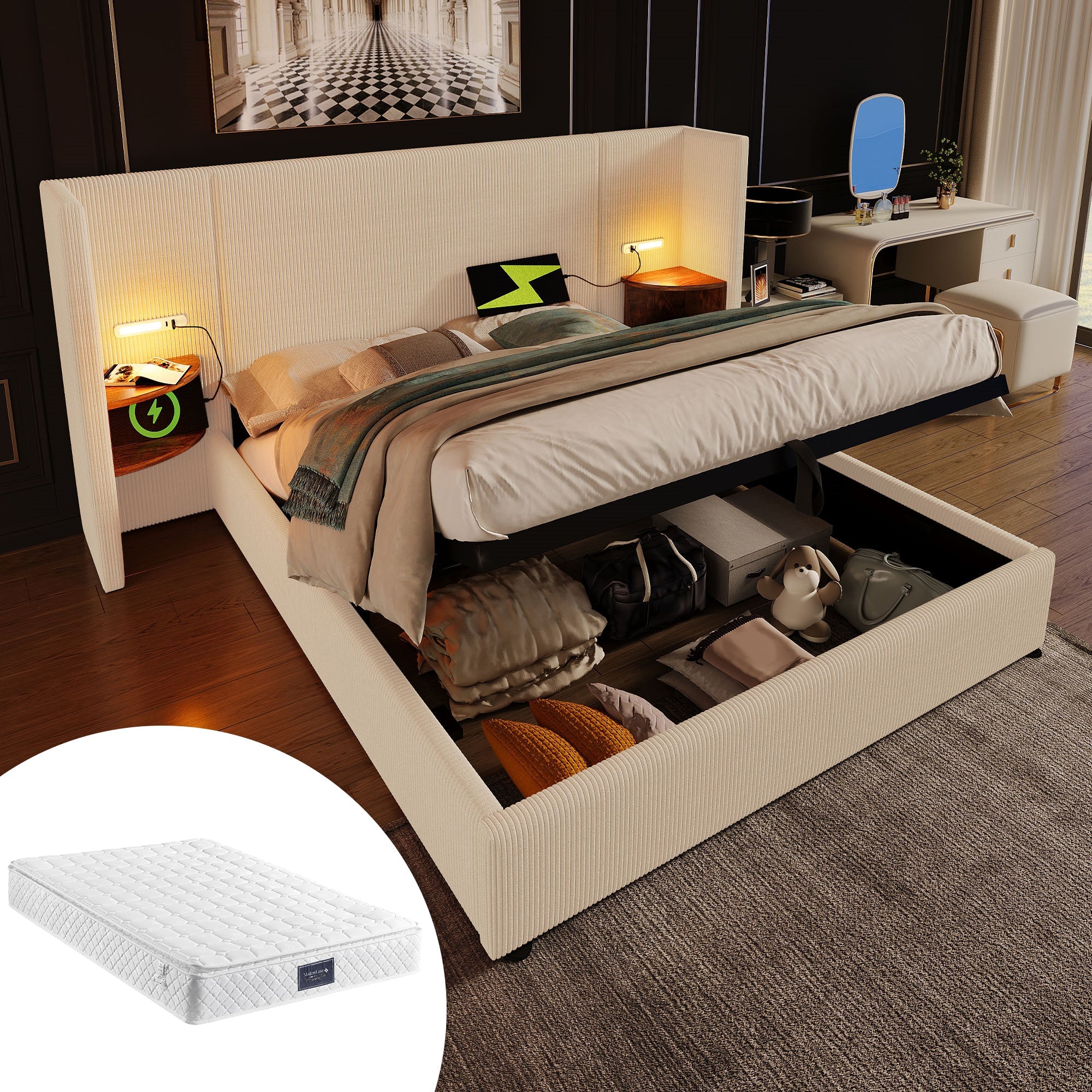 Logidon gestoffeerd bed 160x200 beige wit met USB-C oplaadfunctie