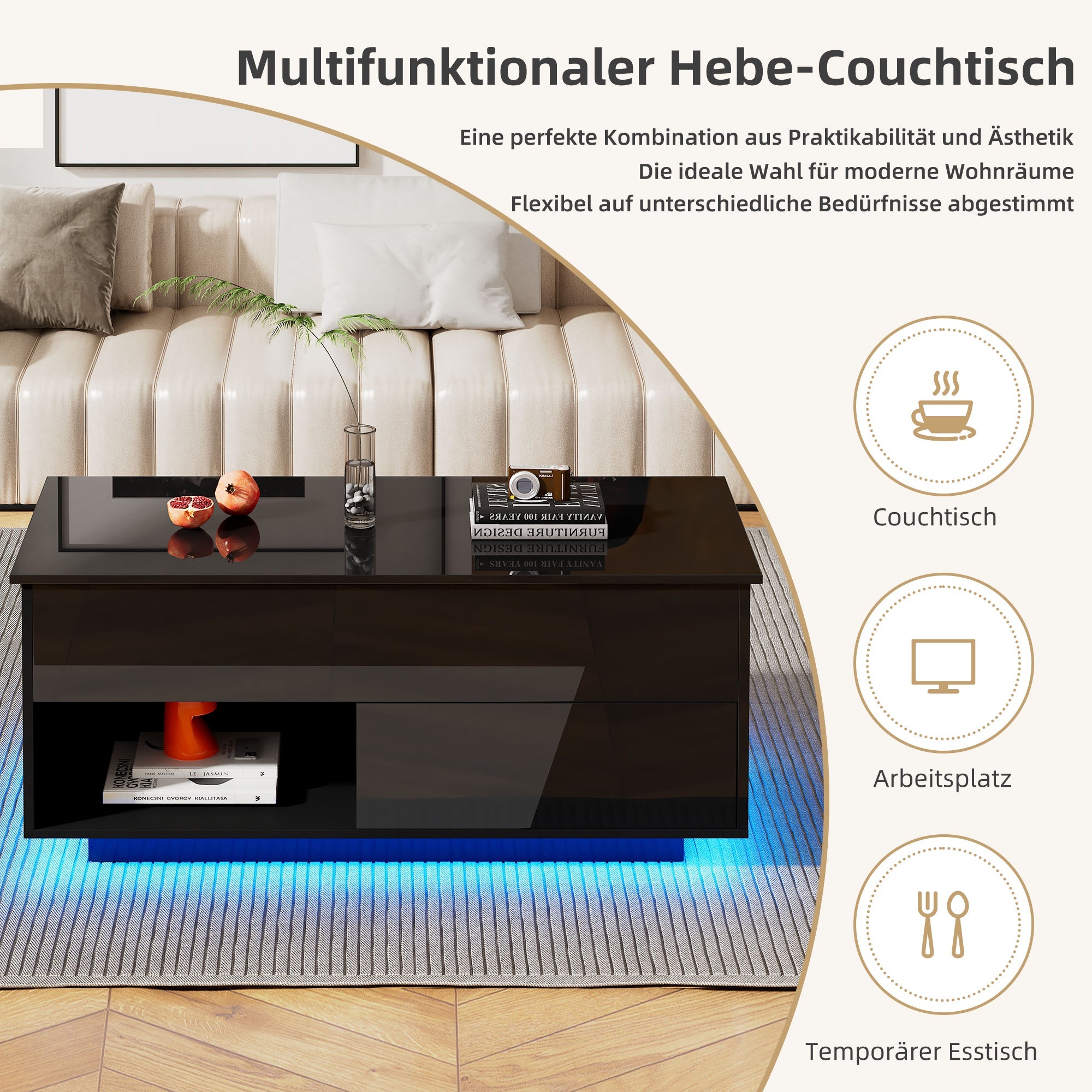 Logidon hoogglans salontafel 100x50x55 cm zwart LED-verlichting