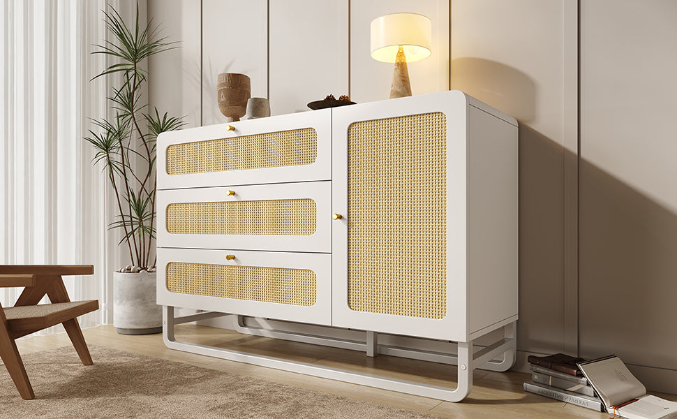 Logidon ladekast met rotan en gouden handgrepen wit 3 lades 1 deur