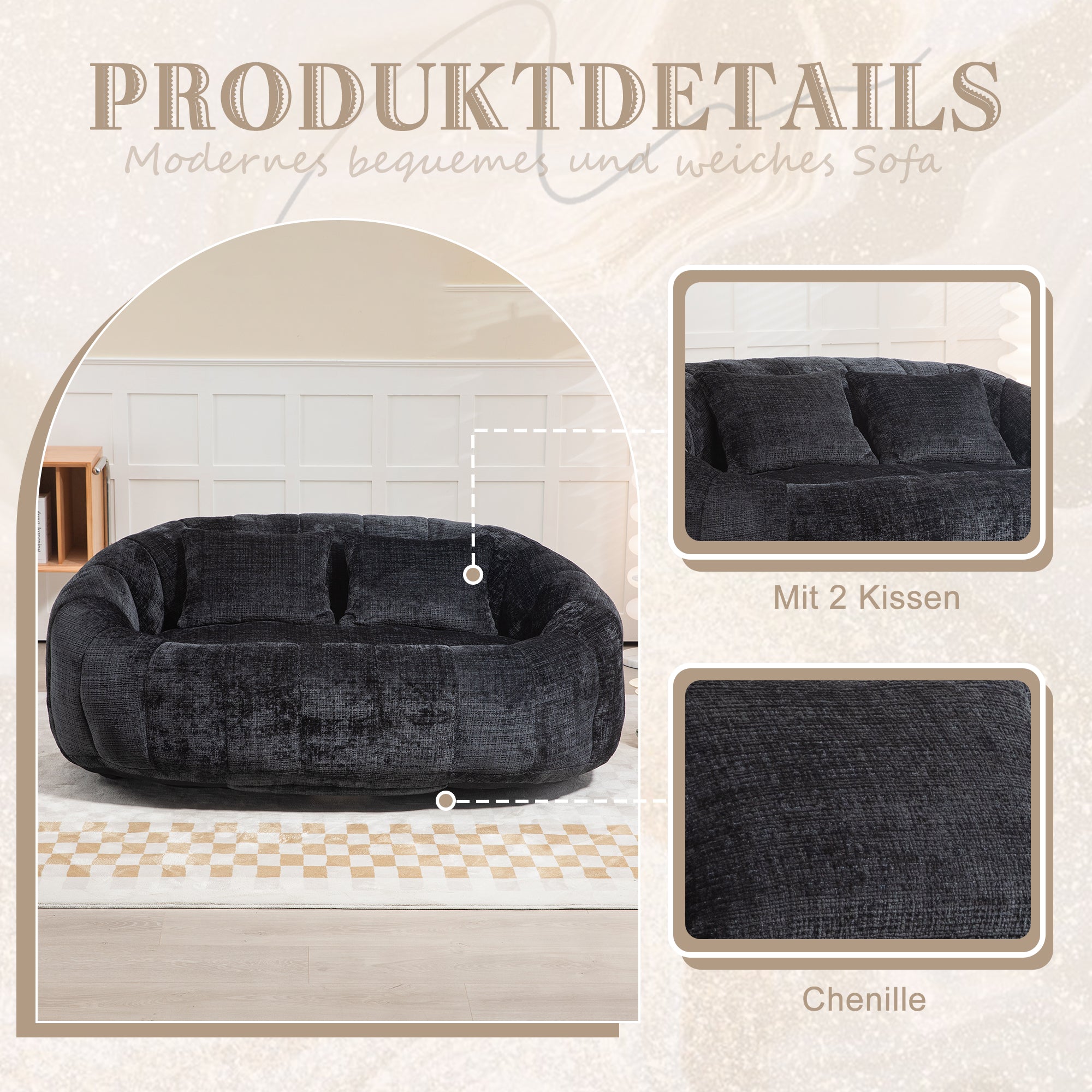 Logidon Luxe Zitzak met Hoge Rug Chenille Zwart 150x95 cm