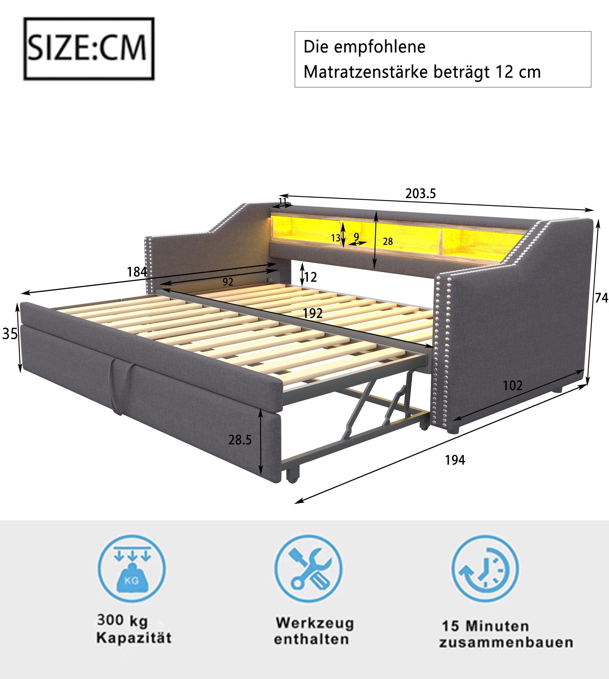 Logidon uitschuifbare slaapbank 90/180x190 cm donkergrijs LED USB