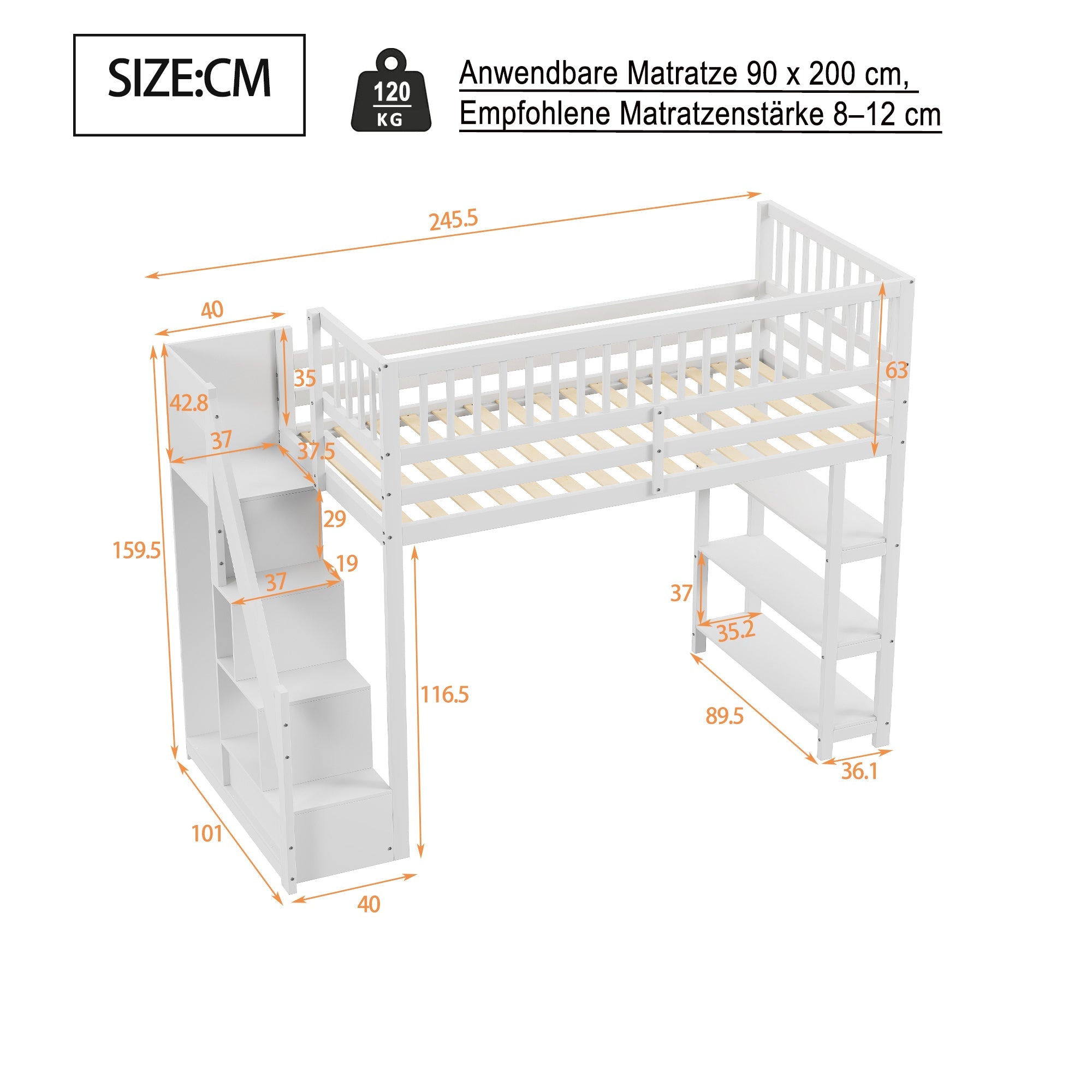 Logidon hoogslaper 90x200 met kledingkast en opbergruimte wit