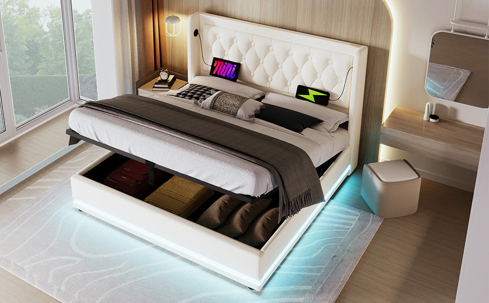 Logidon gestoffeerd bed 180x200 cm wit hydraulische opbergruimte USB C