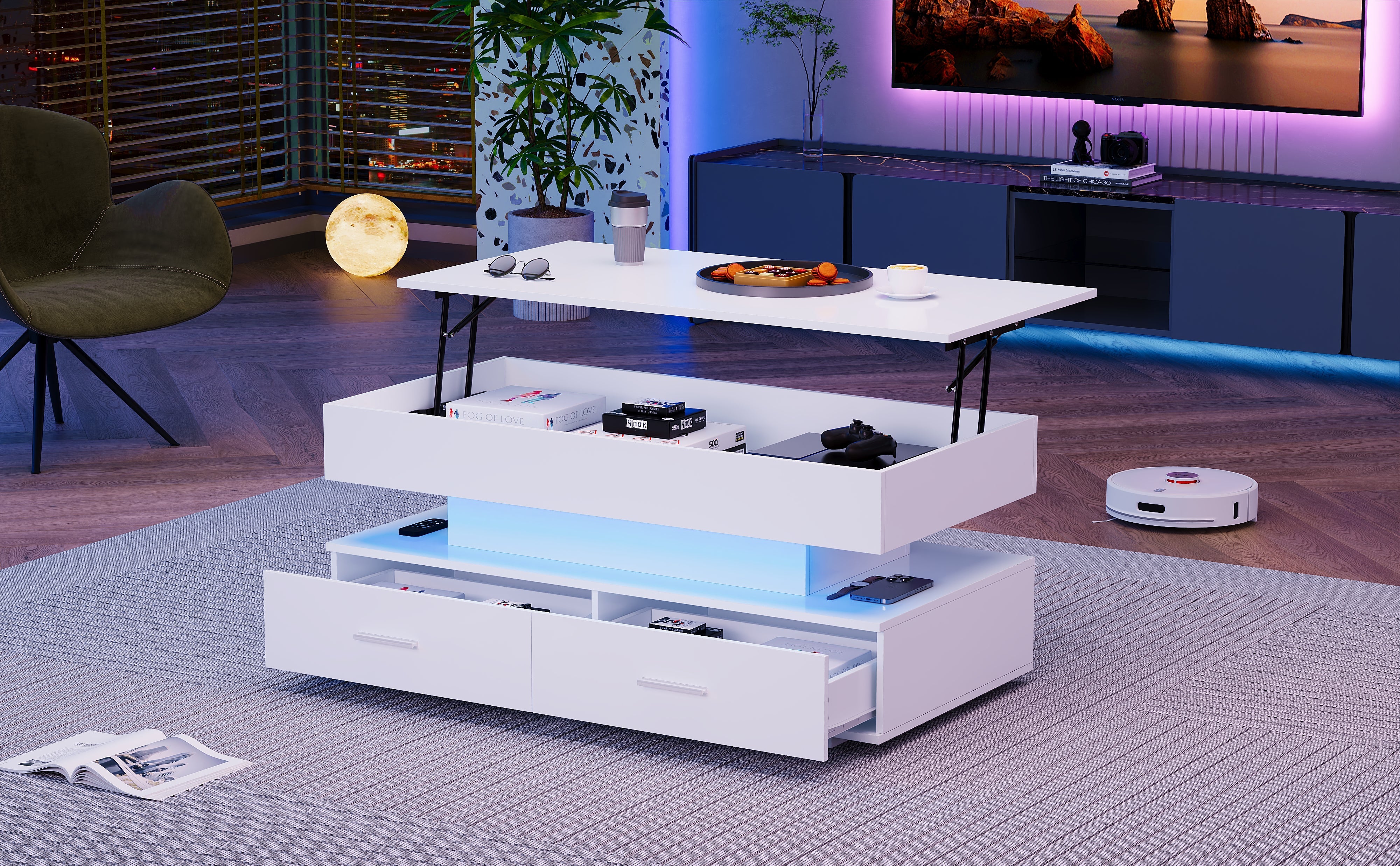 Logidon Hydraulisch in hoogte verstelbare salontafel 100x50x44 cm Wit LED