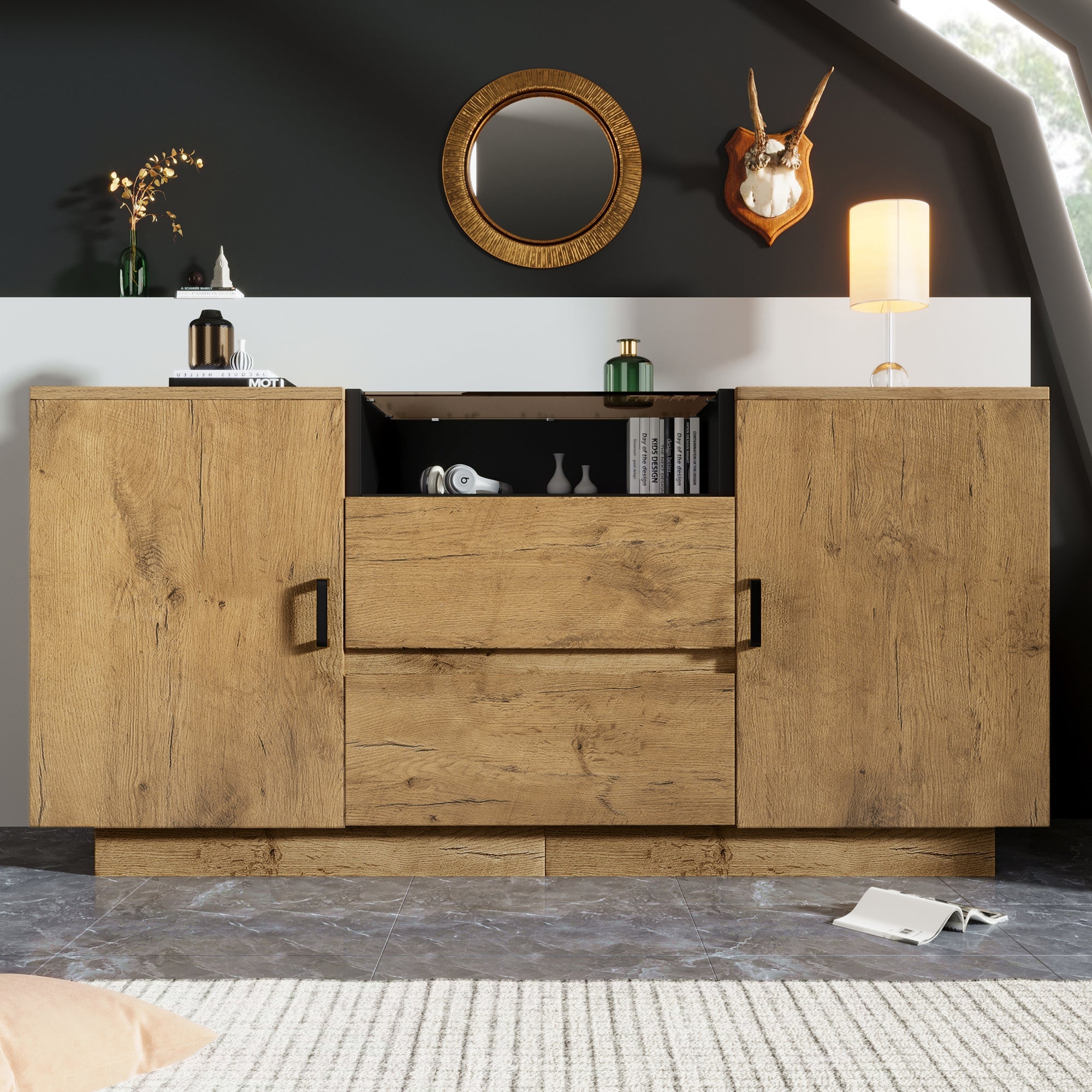 Logidon oak look chest of drawers sideboard 2 drawers 2 cupboards H70