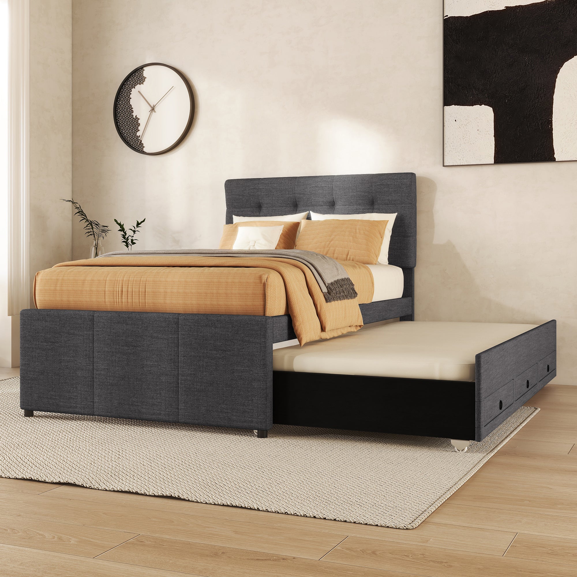 Logidon gestoffeerd bed 90x200cm grijs met drie lades en onderschuifbed