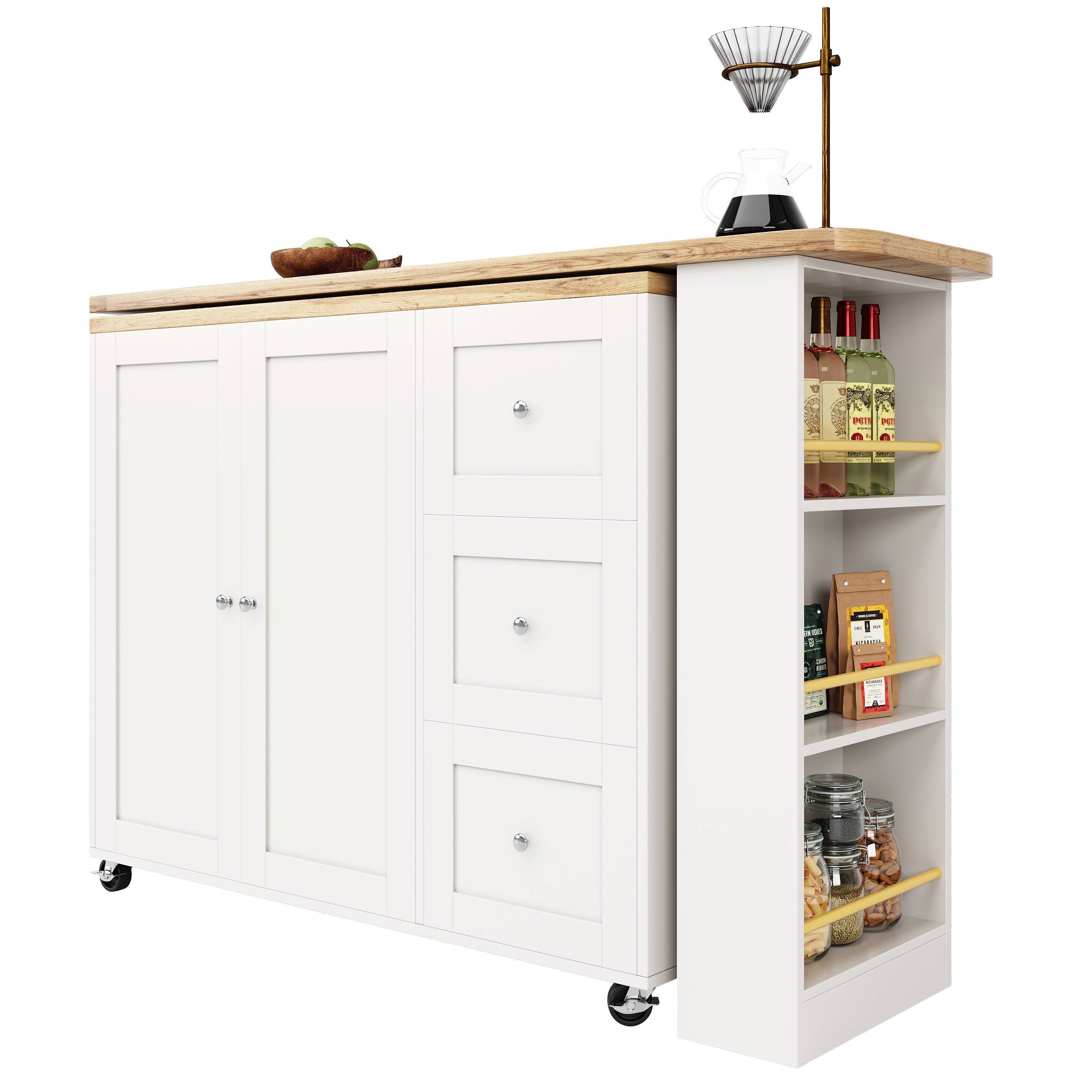 Logidon Swivel Dining Table White with Wheels Three Drawers 138-209 cm