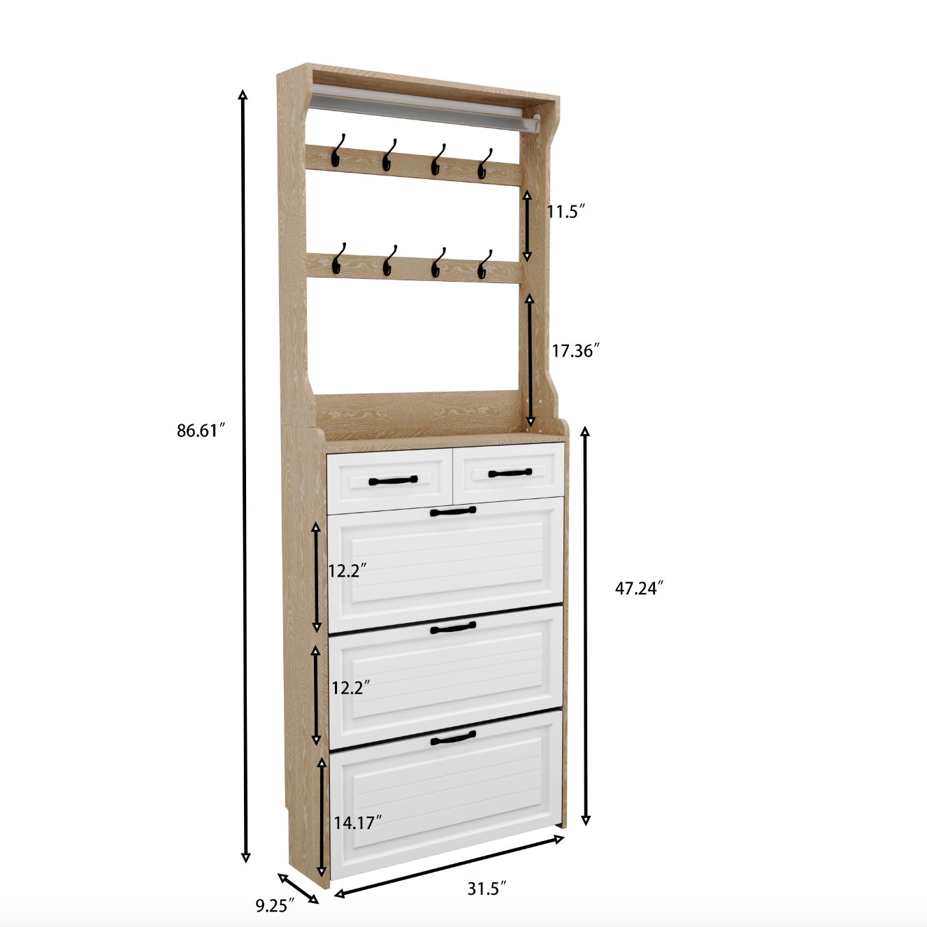 Logidon schoenenkast wit eiken look met haken 3 deuren 2 lades