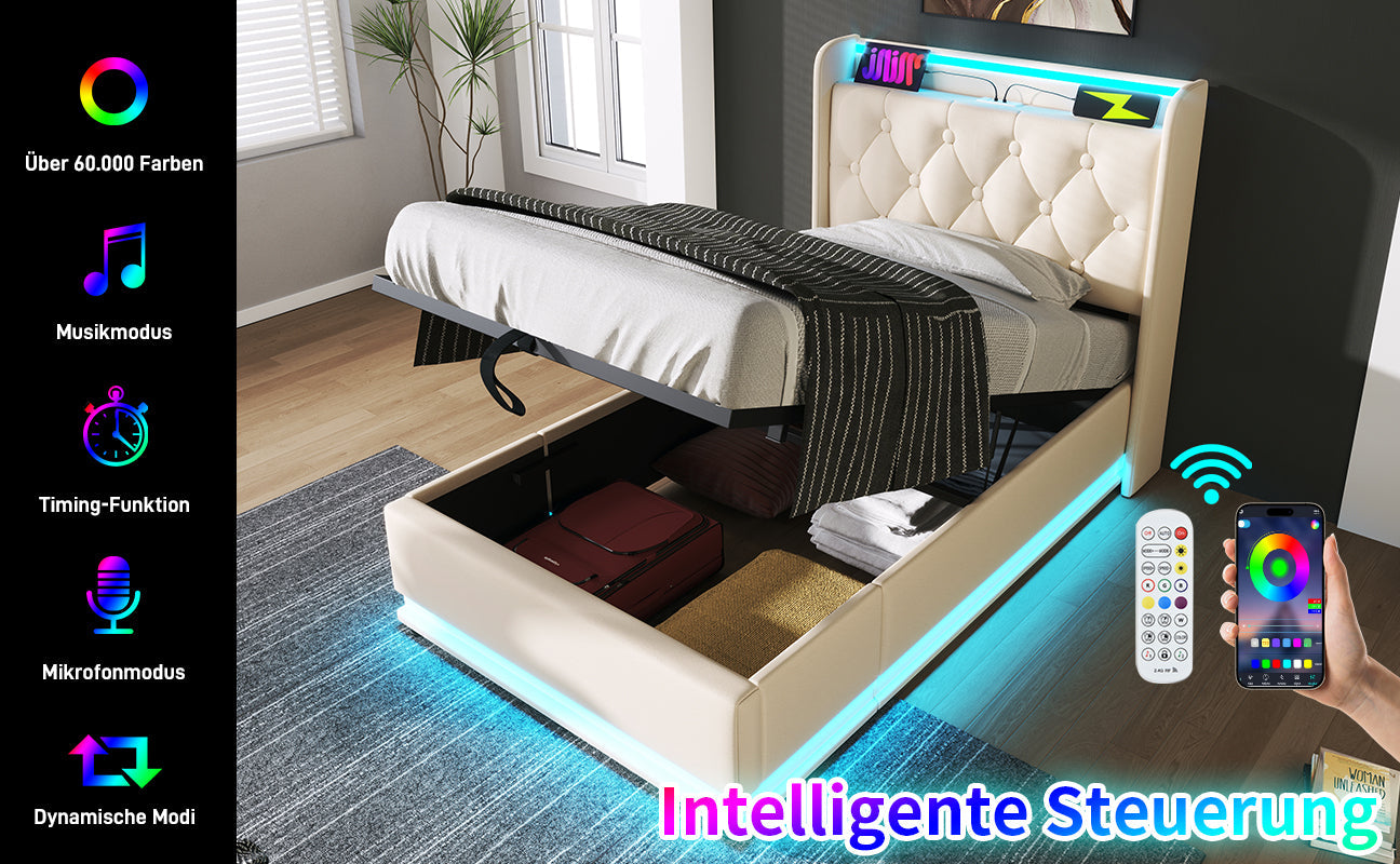 Logidon gestoffeerd bed 90x200 cm wit PU LED USB TypeC oplaadfunctie
