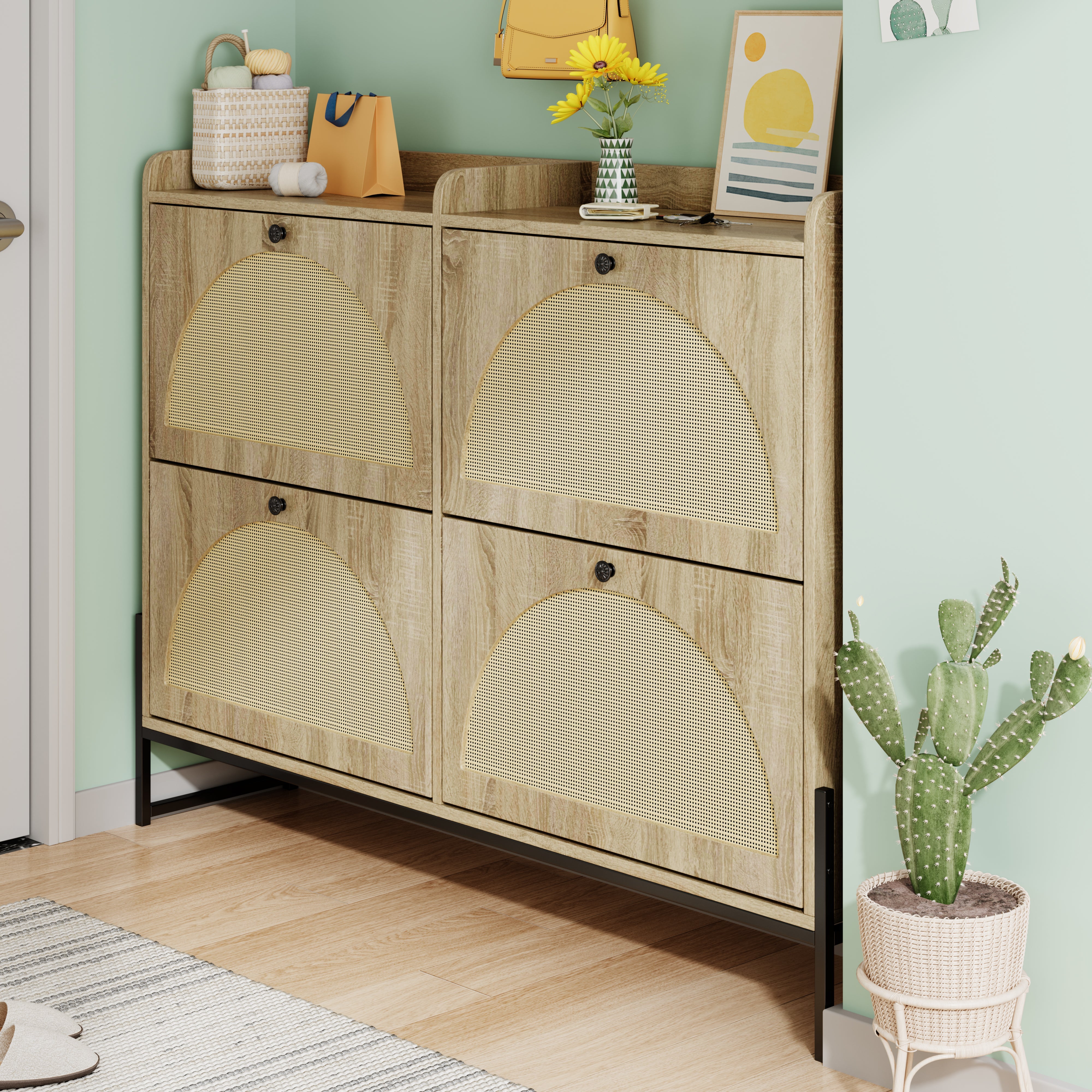 Logidon shoe cabinet narrow 4 flaps natural color 118 cm