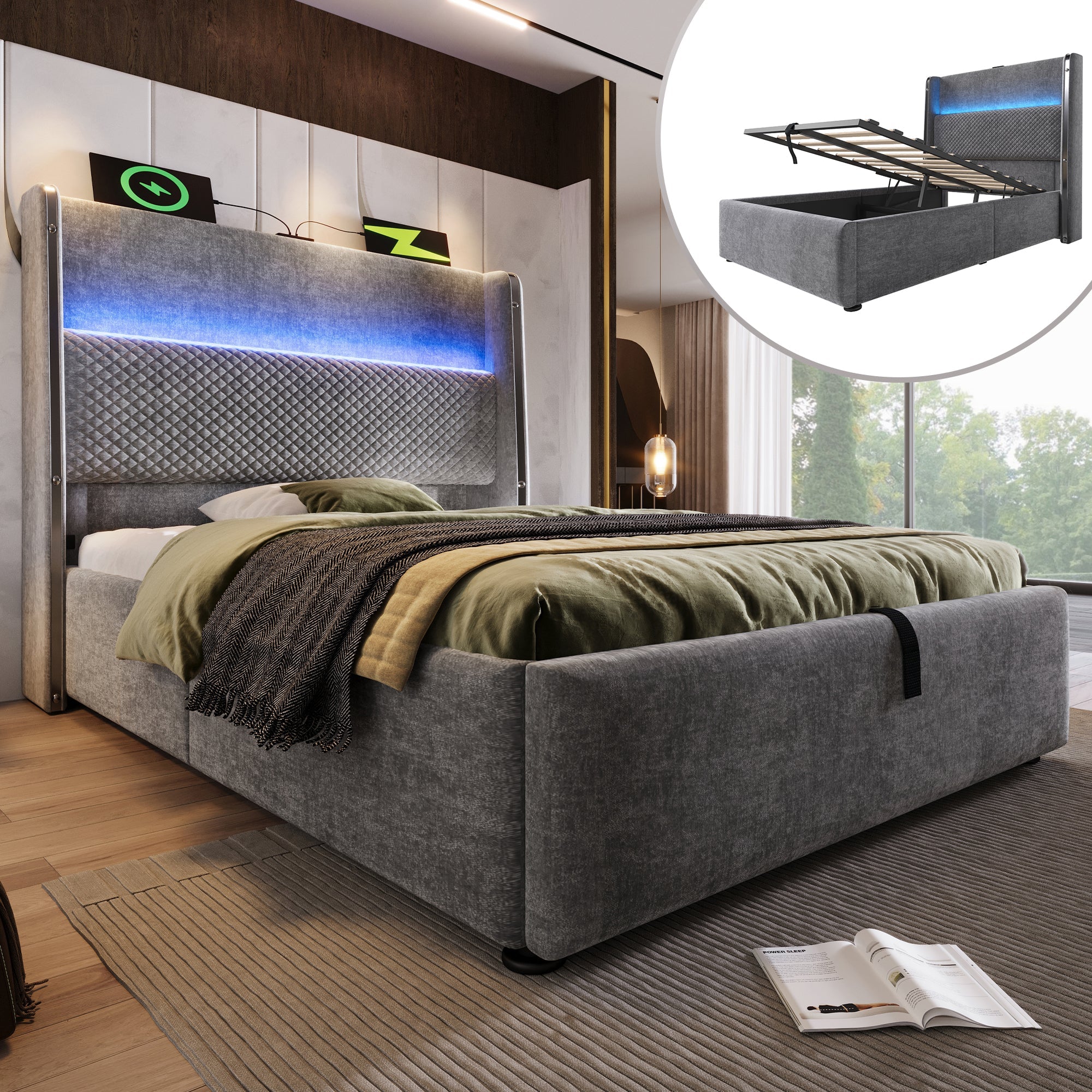 Logidon hydraulisch bed 90x200 grijs linnenlook met opbergruimte LED