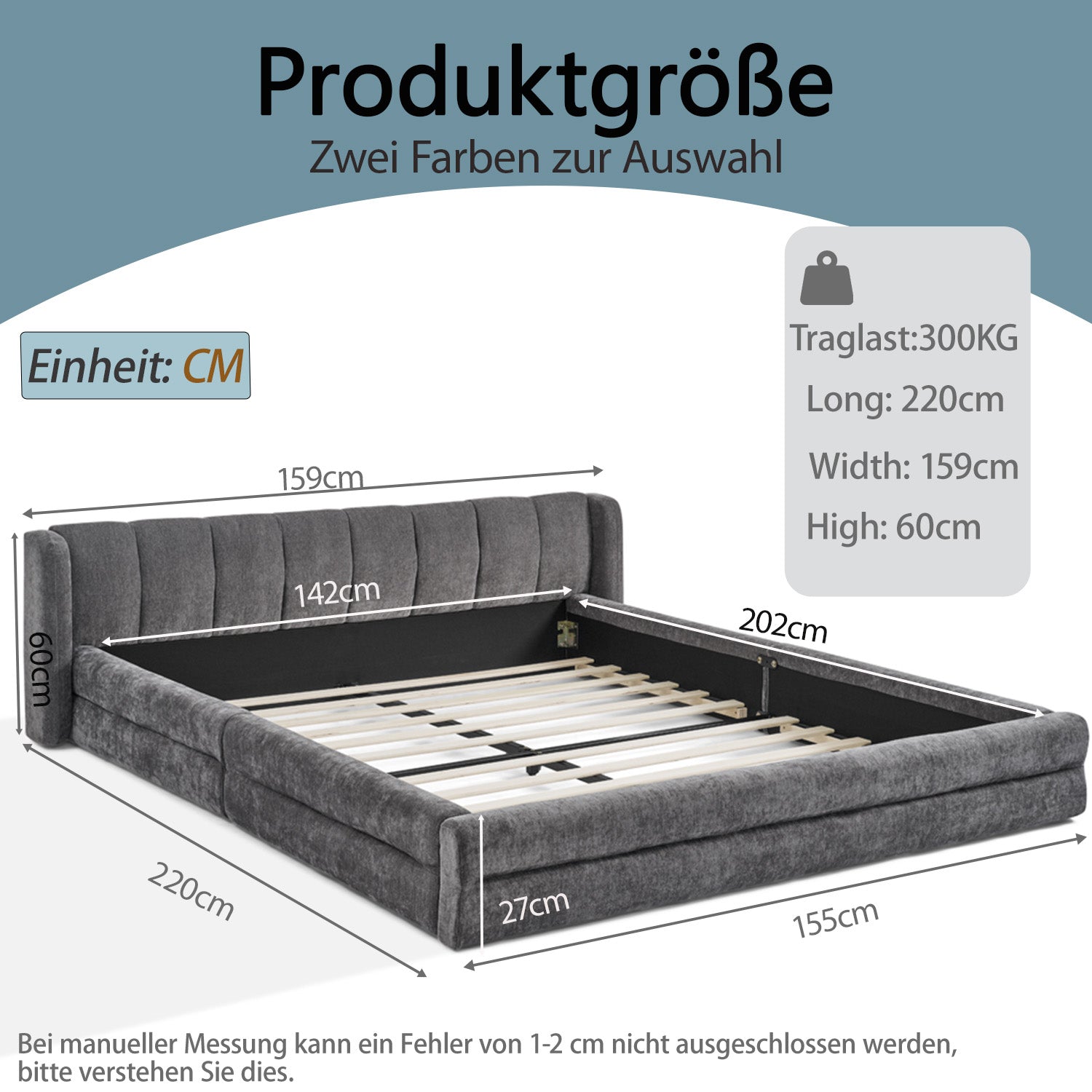 Logidon tweepersoonsbed 140x200 cm donkergrijs chenille met rugleuning