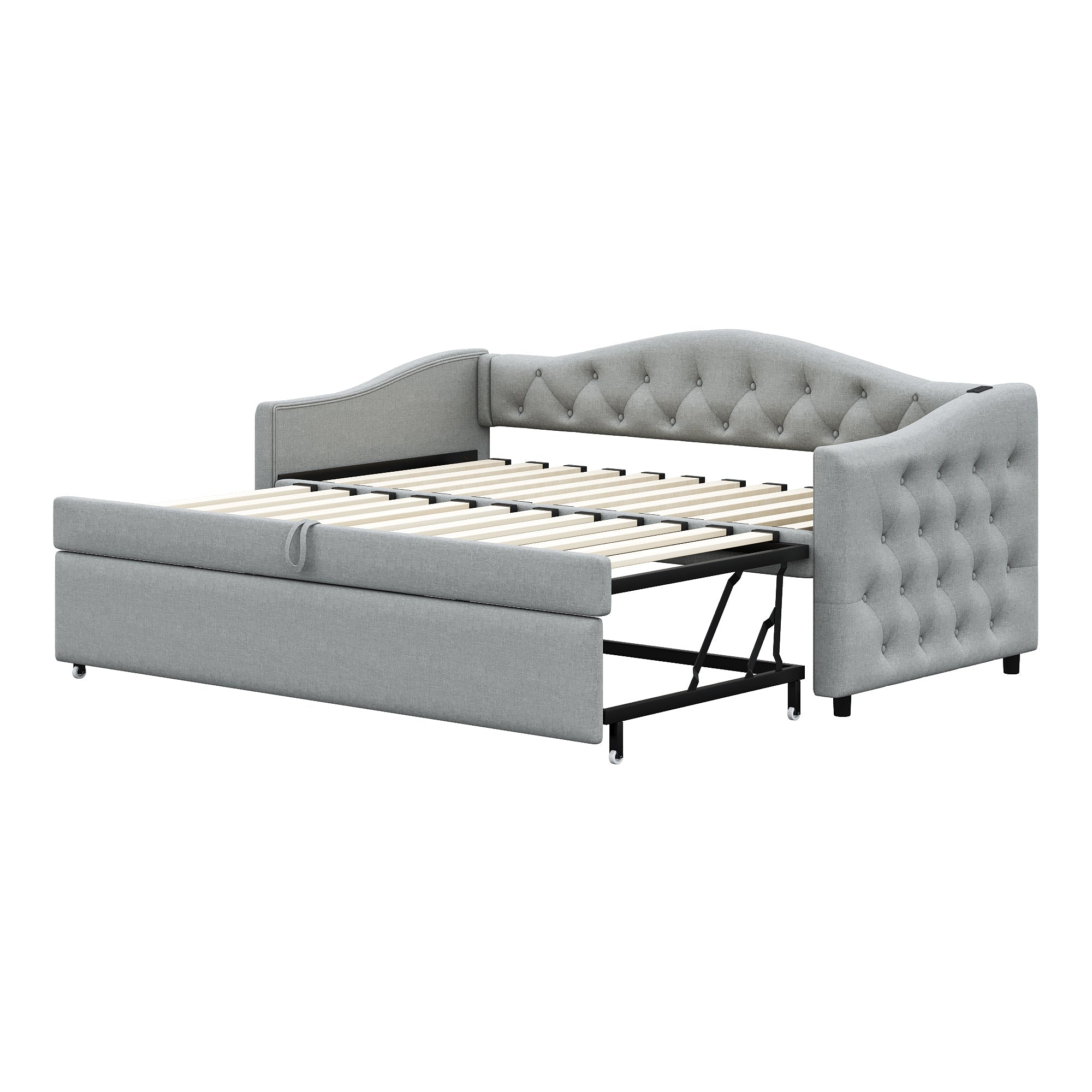 Logidon Upholstered Bed Extendable Sofa Bed 90x200 Gray Linen Fabric USB