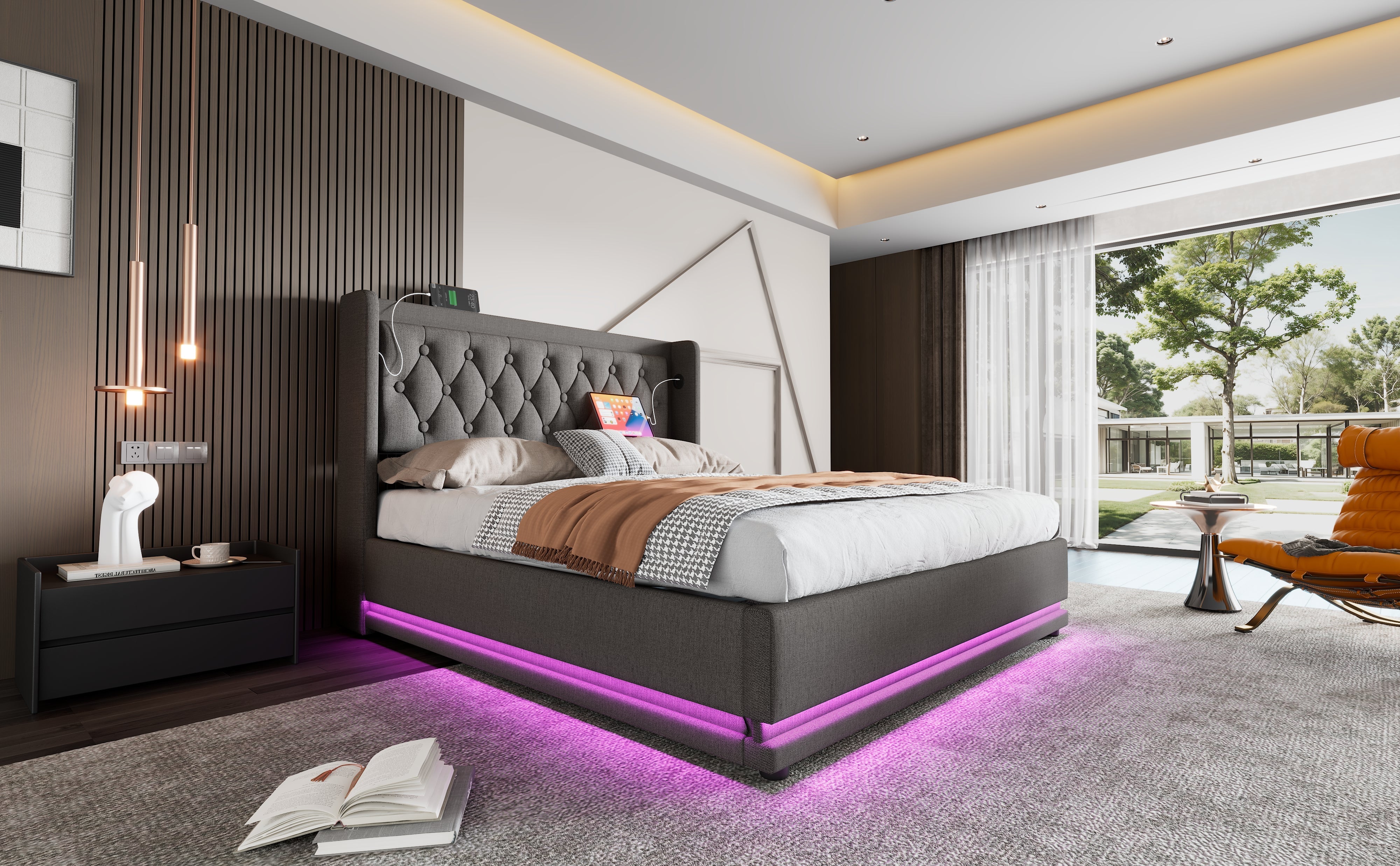 Logidon gestoffeerd bed 160x200 cm grijs fluweel opbergruimte USB-C oplaadfunctie