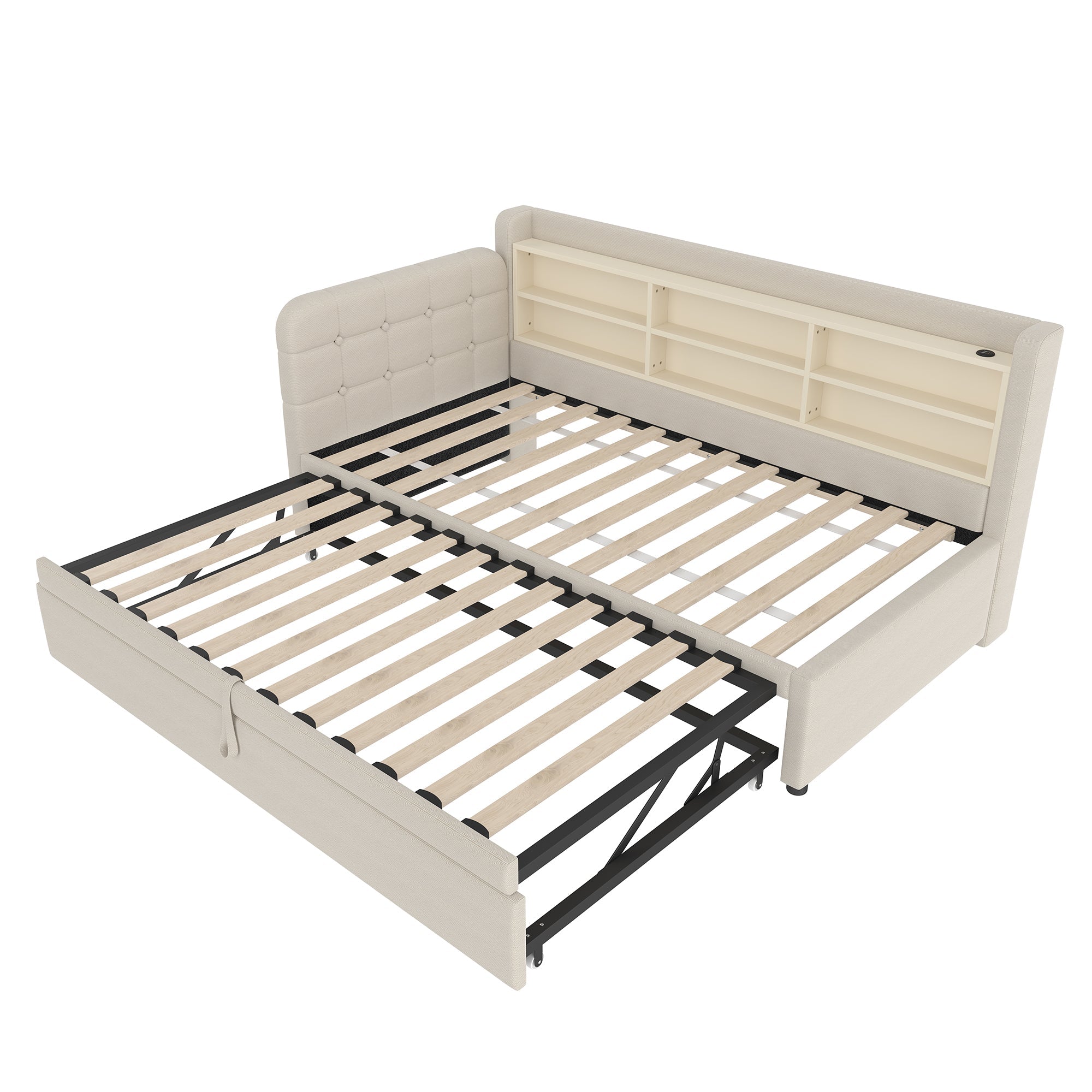 Logidon Daybed 90x200 beige linnen uitschuifbare slaapbank USB Type C