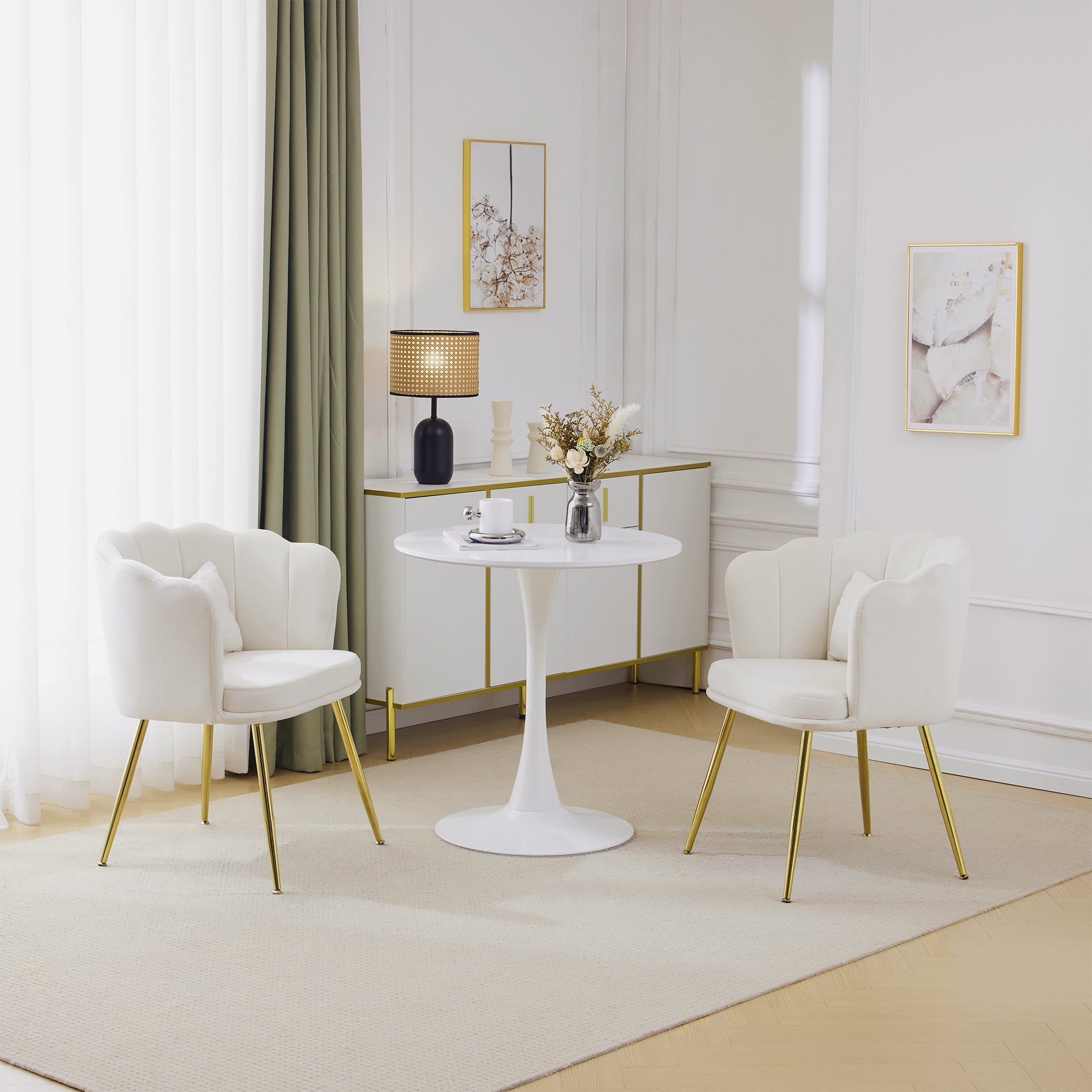Logidon set van 2 fluwelen stoelen met beige bloemblaadjes en gouden poten