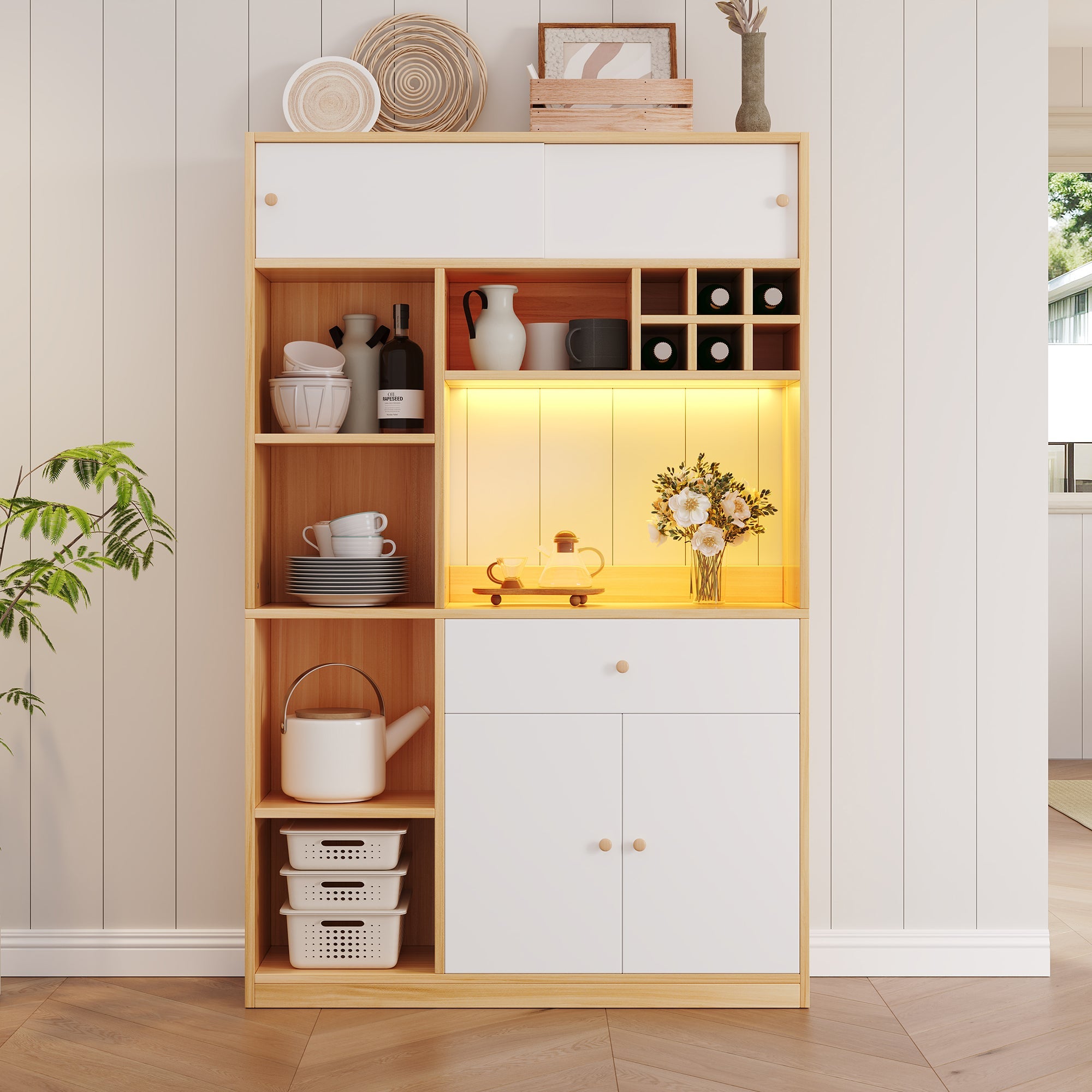 Logidon keukenkast buffet met LED-verlichting, 115x35x180 cm, naturel