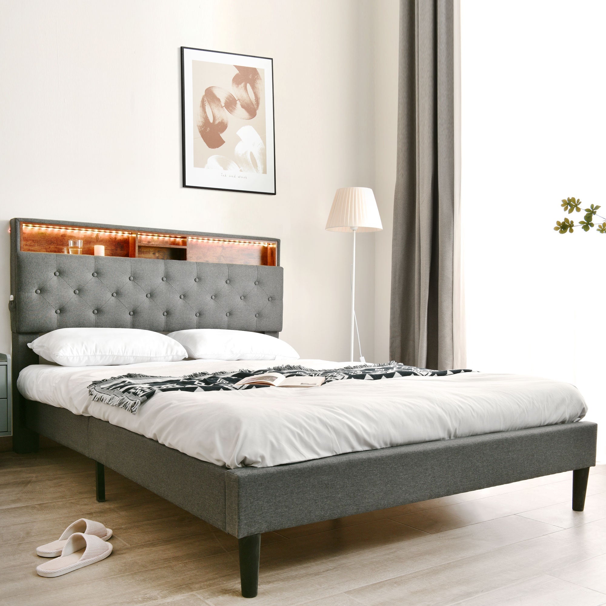 Logidon upholstered bed double bed with storage space headboard LED gray 140x200