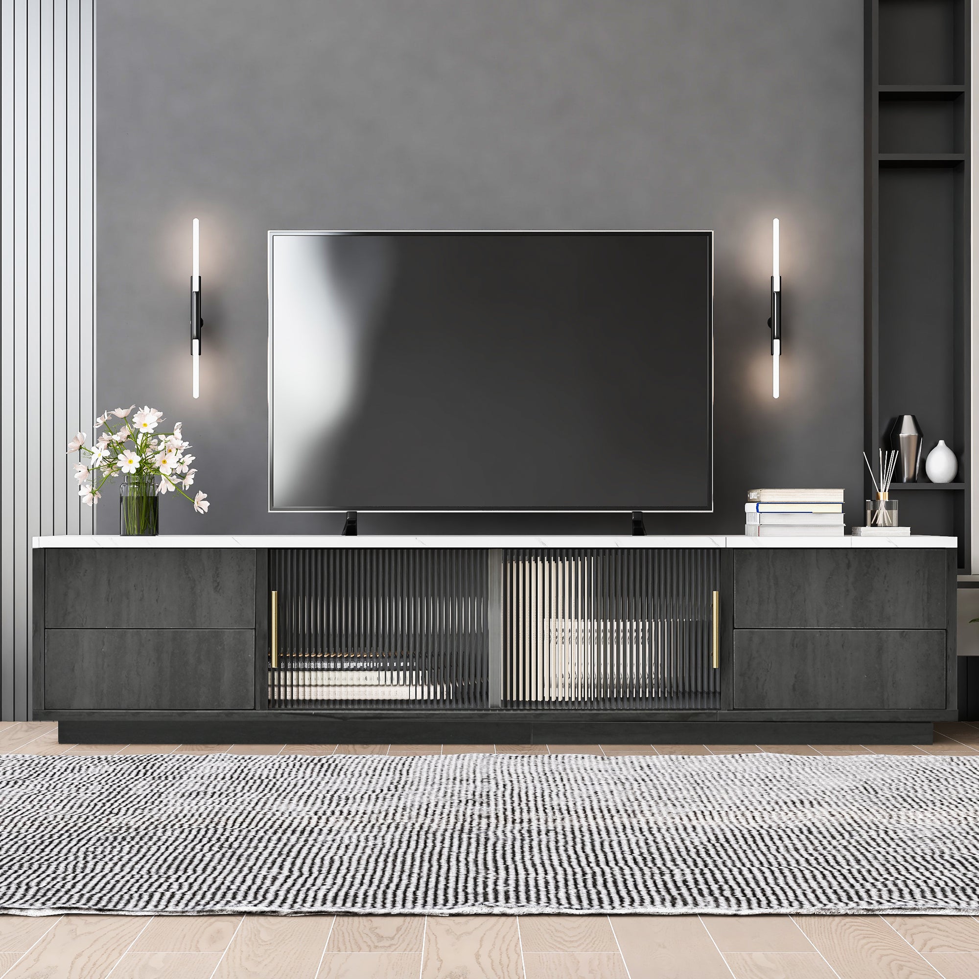 Logidon Deluxe TV-meubel 160 cm grijze marmerlook laden met openklapbare lades