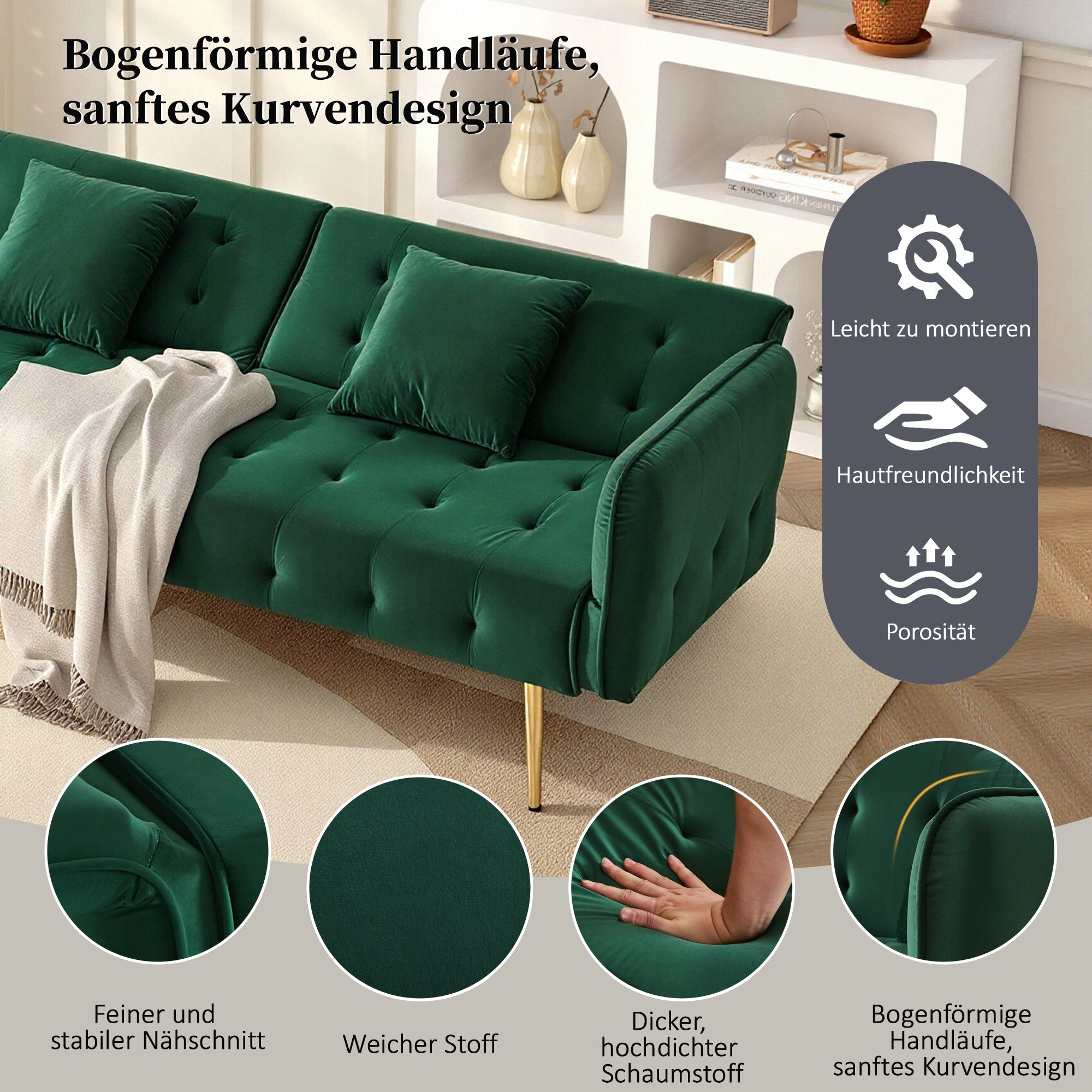 Logidon 2-in-1 tweezits slaapbank groen velours verstelbare rugleuning