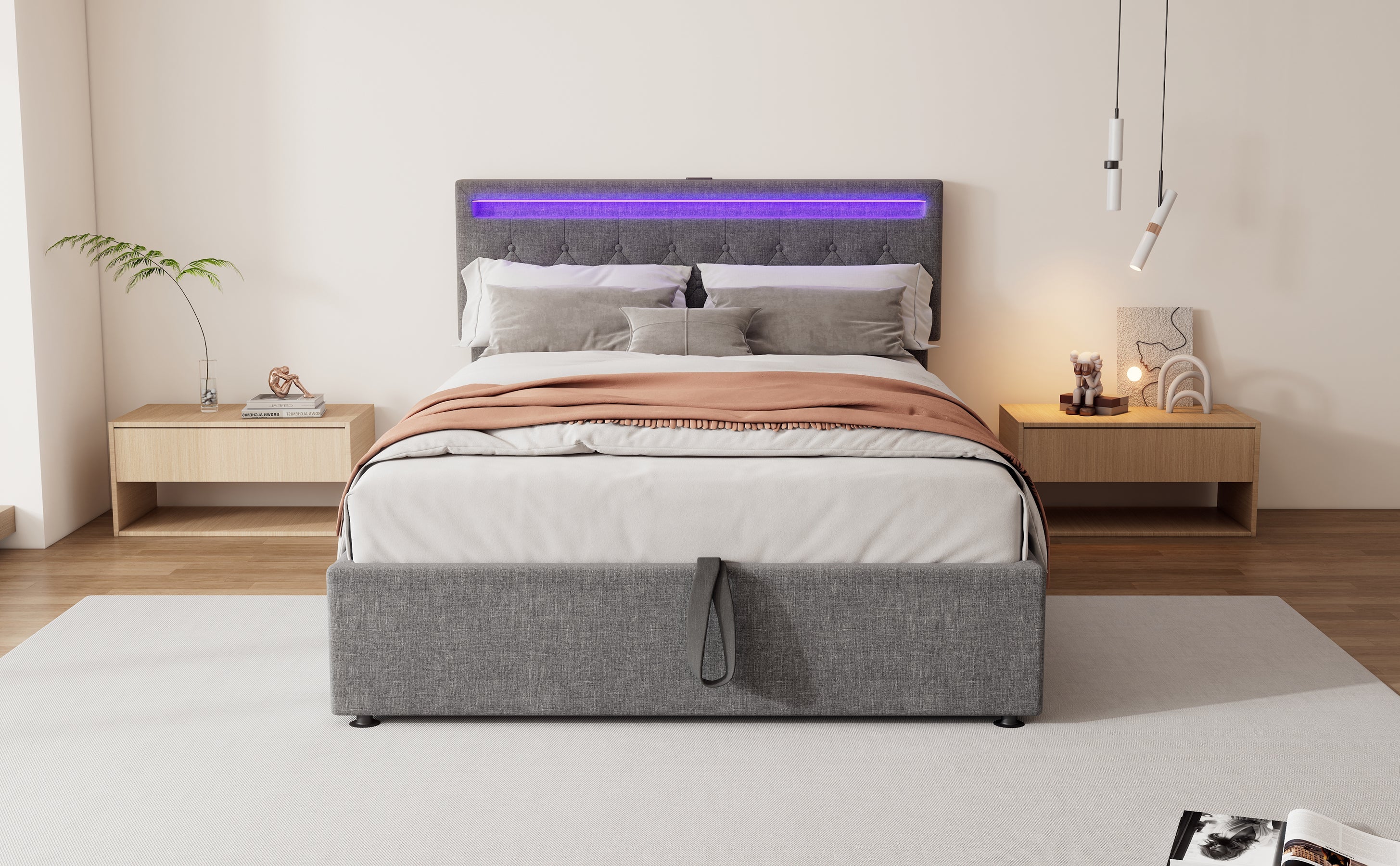 Logidon 140x200 cm gewatteerd bed met sfeerlichtopberger grijs