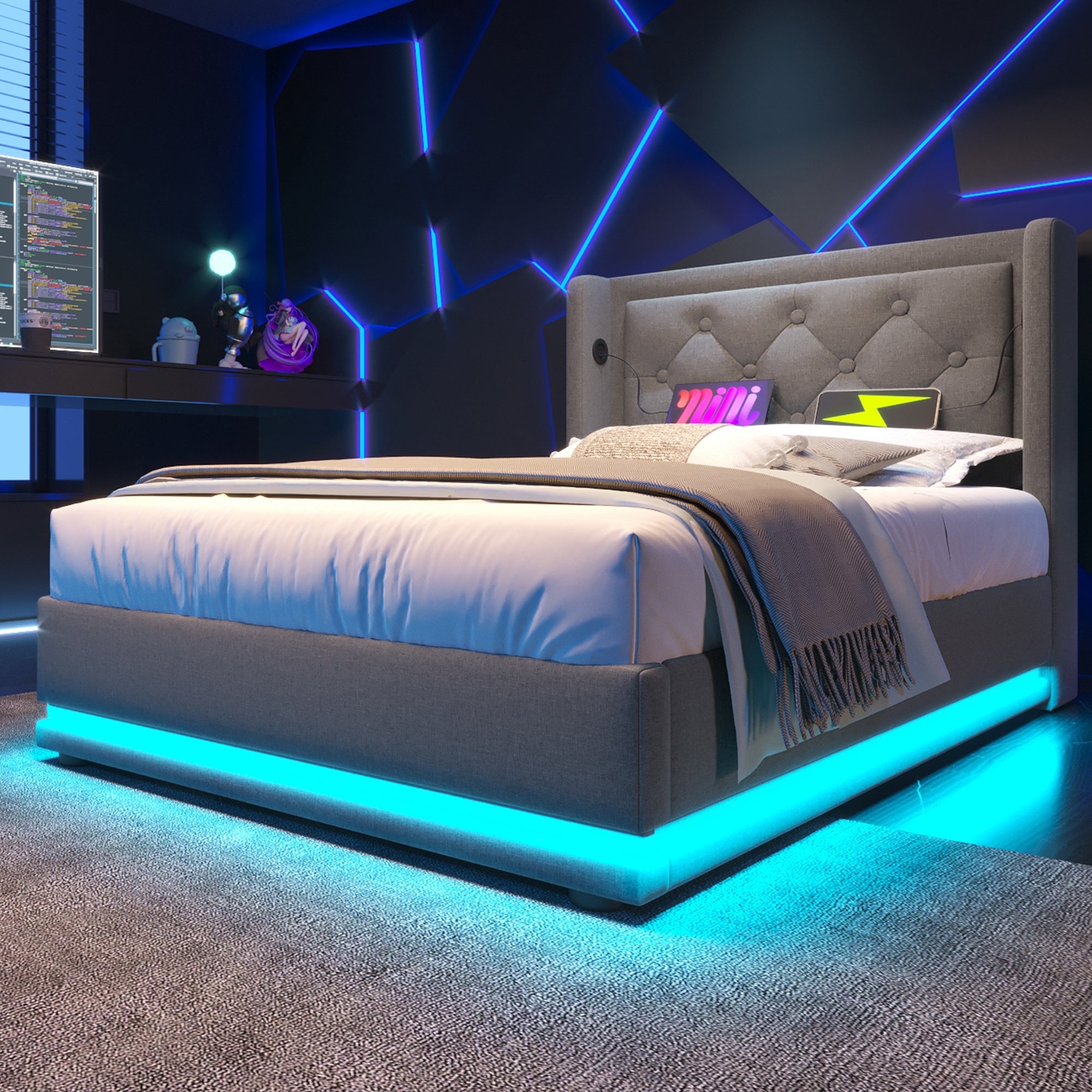 Logidon gestoffeerd bed 90x200 cm grijs met opbergruimte USB C oplaadfunctie LED