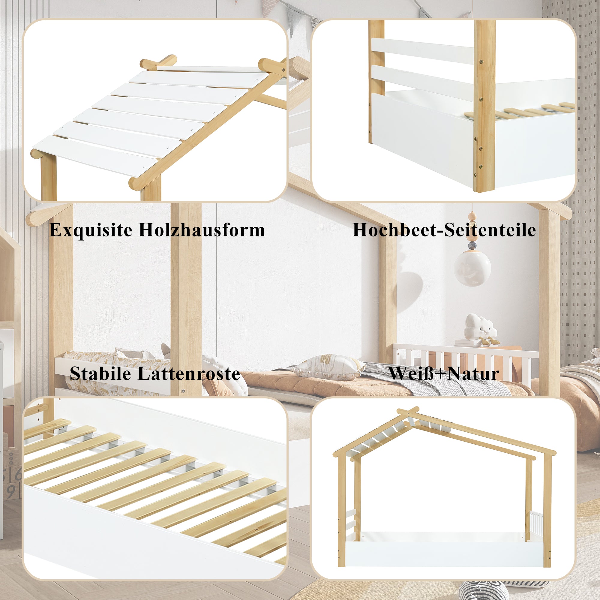 Logidon children's bed 90x200 cm white natural - wooden house design slatted frame