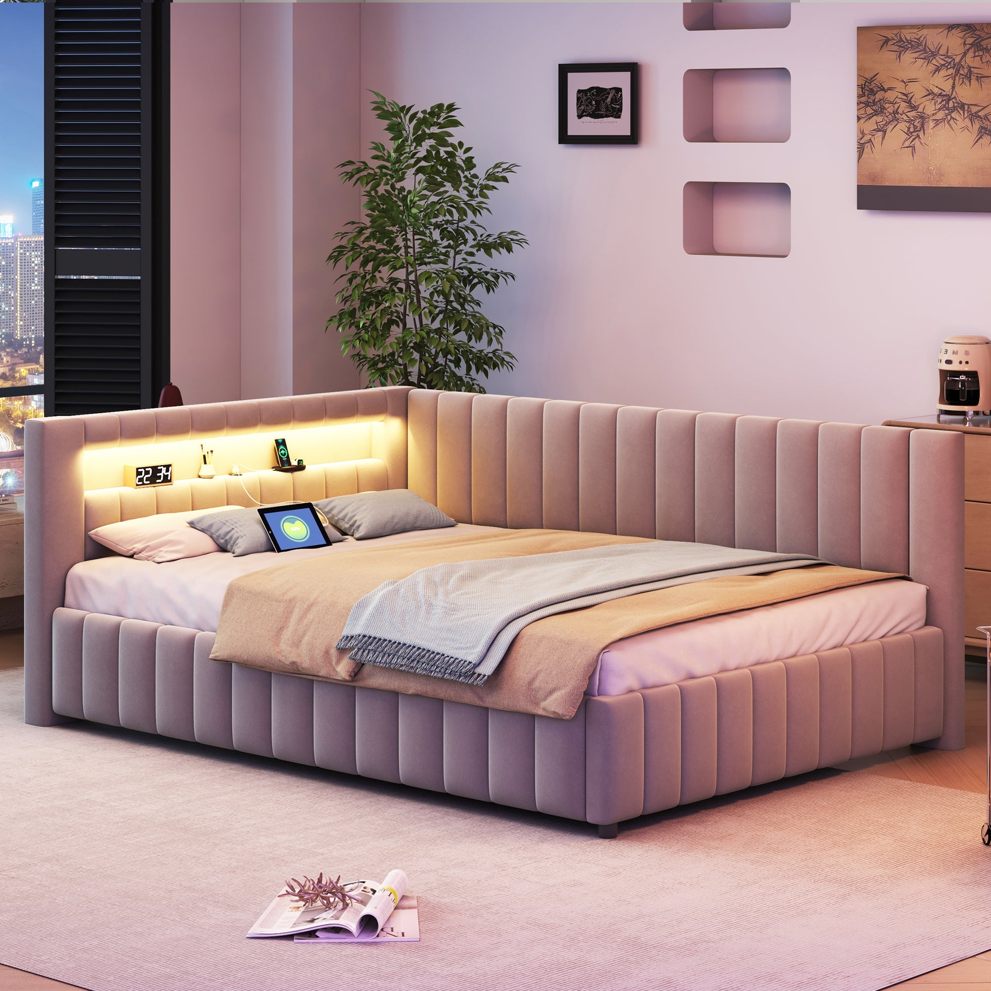 Logidon sofa bed 140x200 gray with LED light and USB charging port