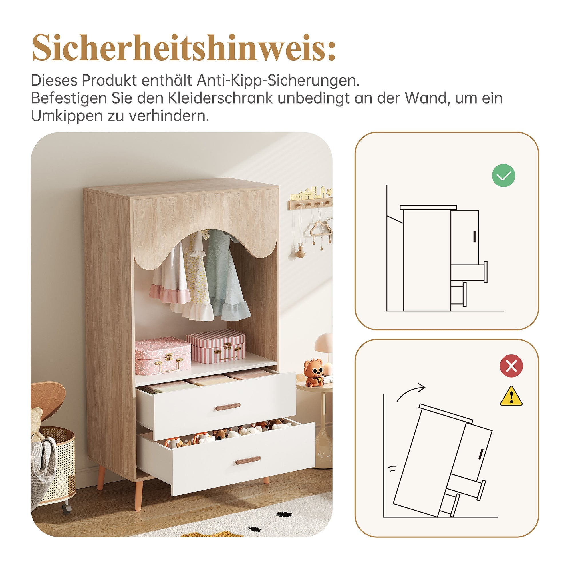 Logidon Children's Wardrobe Sliding Door Open Wardrobe White Natural Wood 141.5 cm