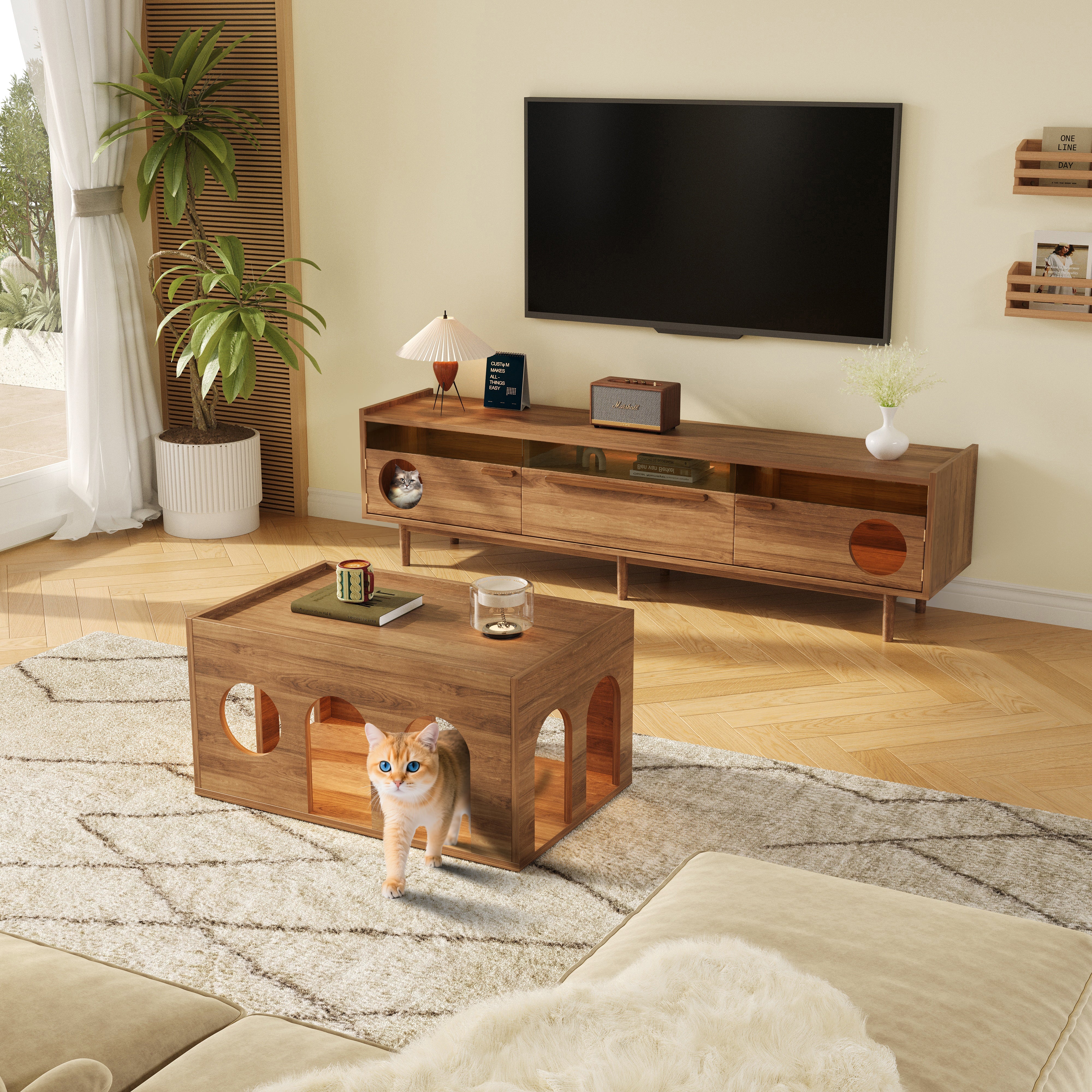 Logidon Modern TV-meubel met LED Kattentoilet Walnoot 180x40x50