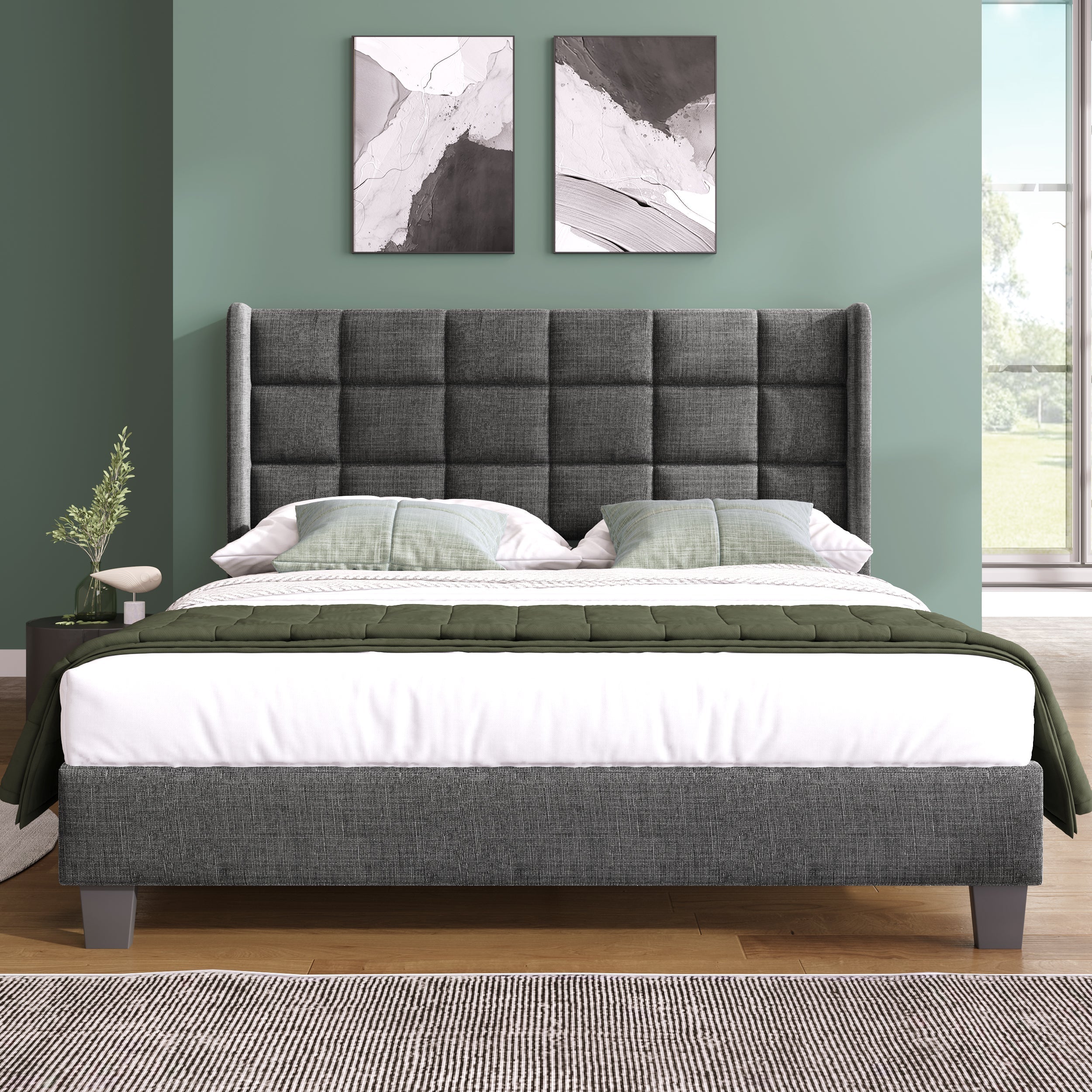 Logidon Upholstered Bed 140x200 cm Gray Linen With Padded Headboard
