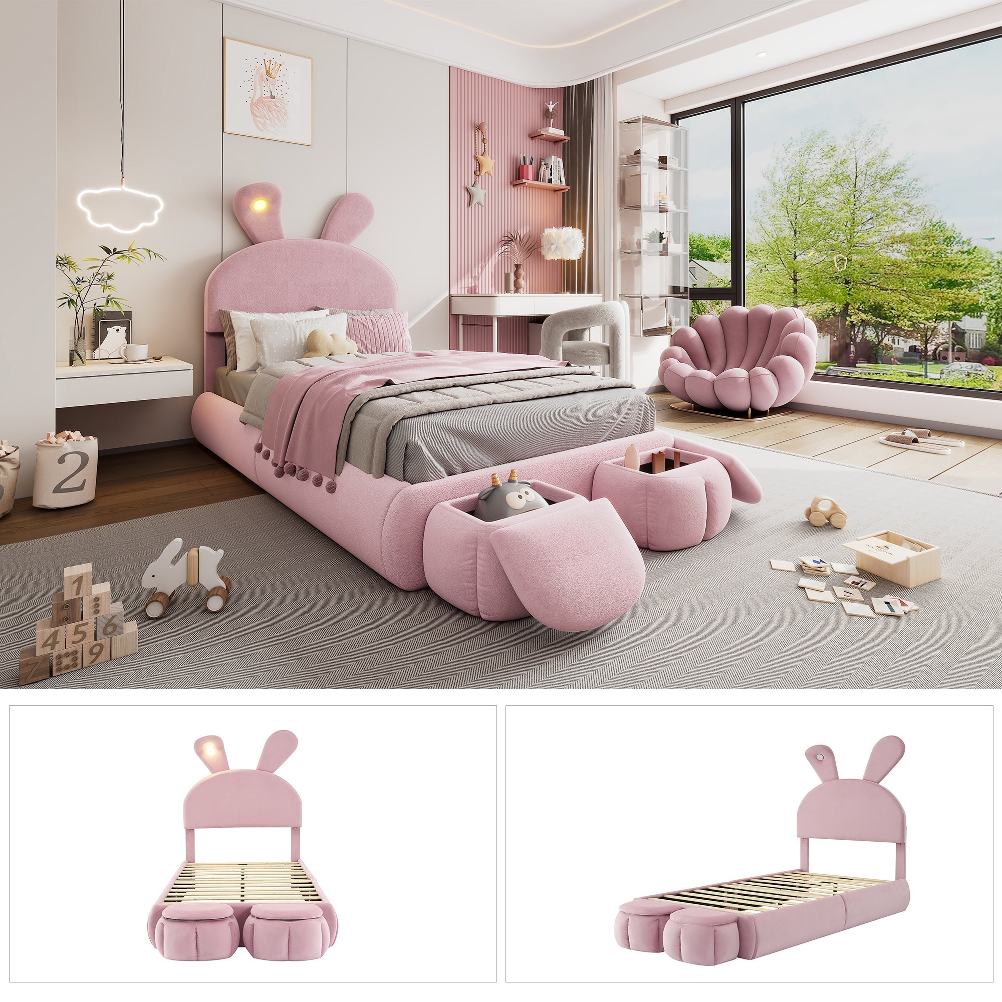 Logidon Upholstered Bed Rabbit Ears Pink 90x200 cm With Adjustable Brightness