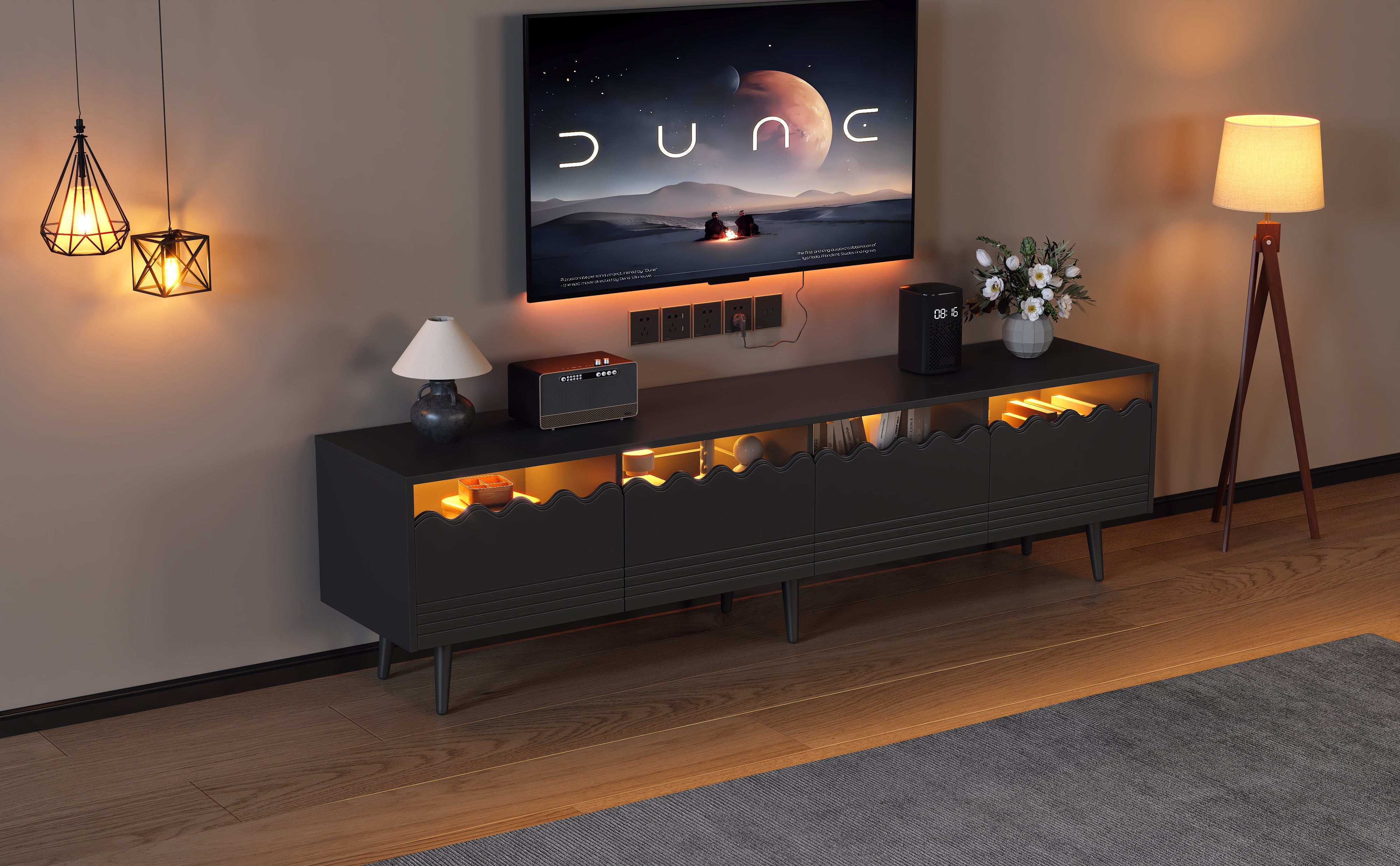 Logidon 176x38x45 cm zwart TV-lowboard met LED-verlichting