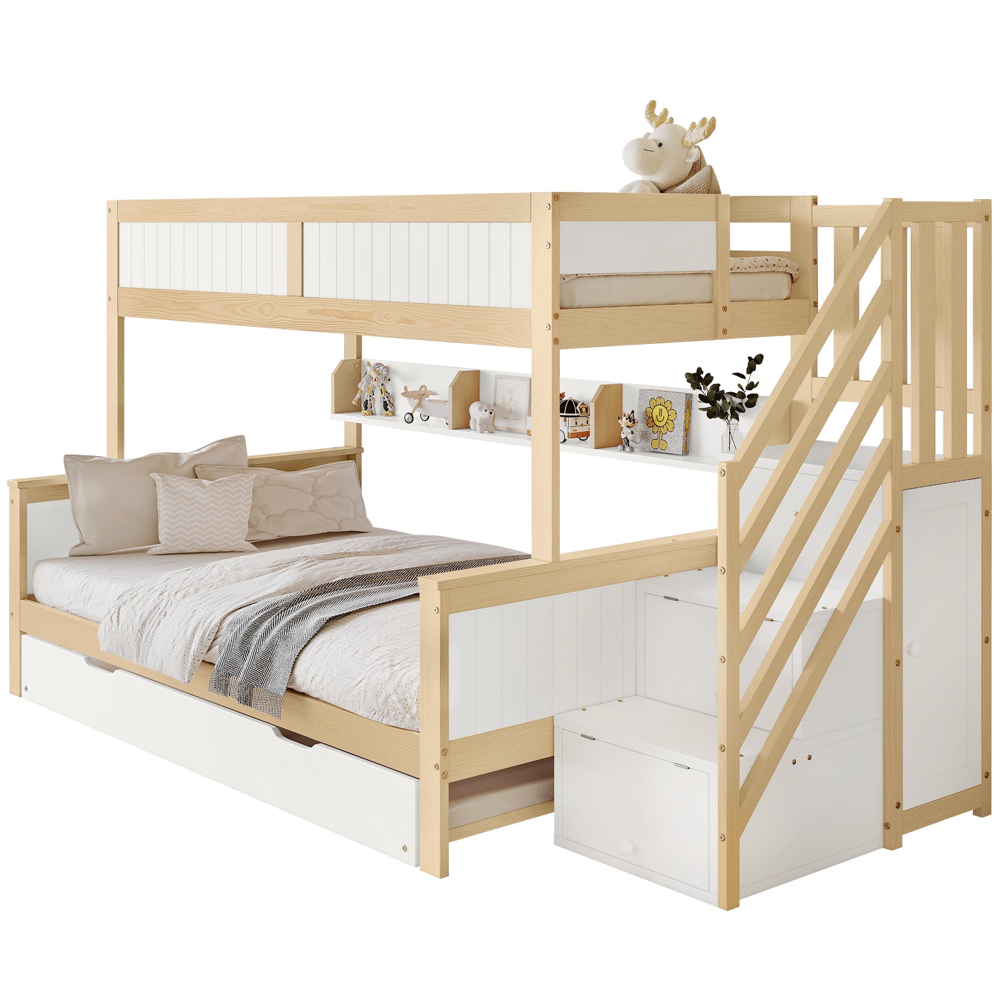 Logidon stapelbed naturel raster hoektrap onderschuifbed 90x200 120x200