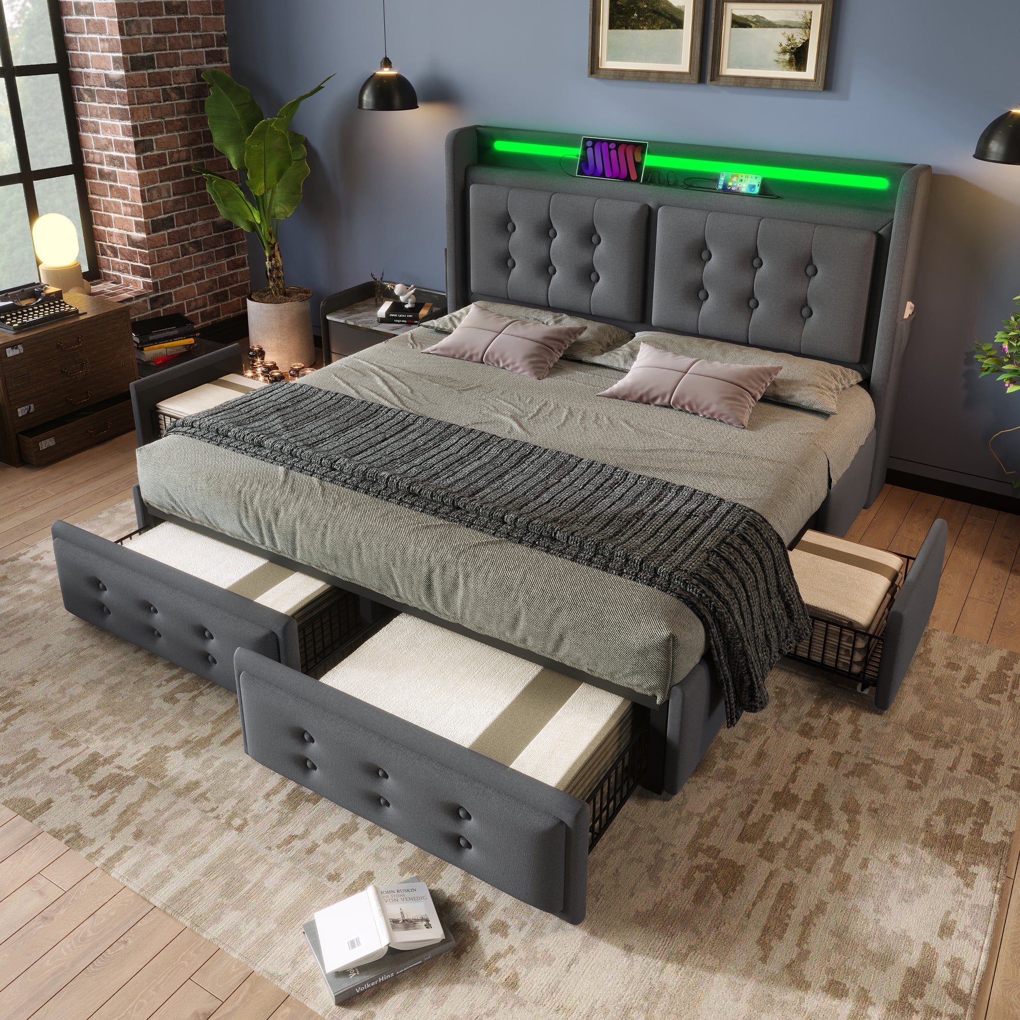 Logidon gestoffeerd bed 140x200 grijs met LED hoofdbord USB-C oplaadfunctie